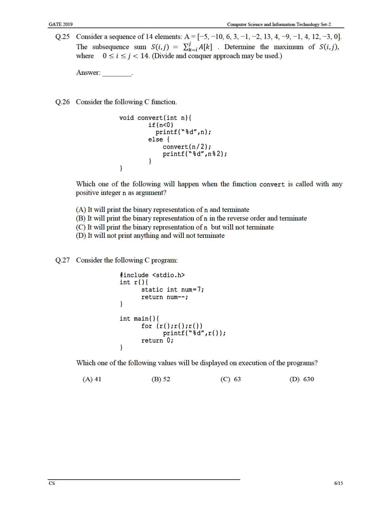 GATE 2019 Computer Science and Information Technology (CS) Question Paper - Page 9