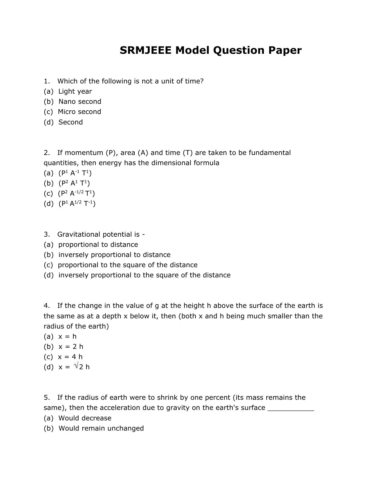 SRMJEEE Model Question Paper - Page 1