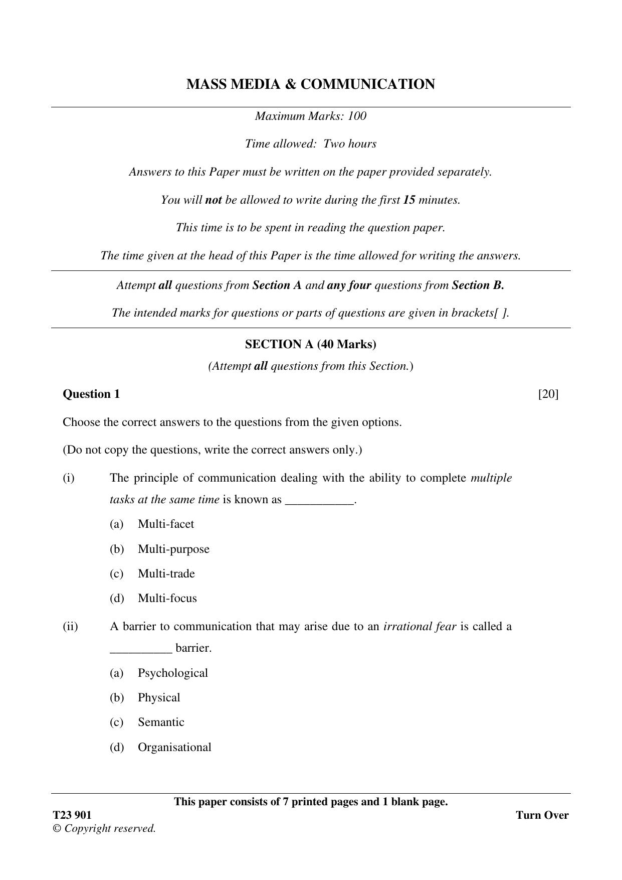 ICSE Class 10 MASS MEDIA & COMMUNICATION 2023 Question Paper - Page 1