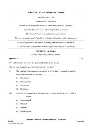 ICSE Class 10 MASS MEDIA & COMMUNICATION 2023 Question Paper