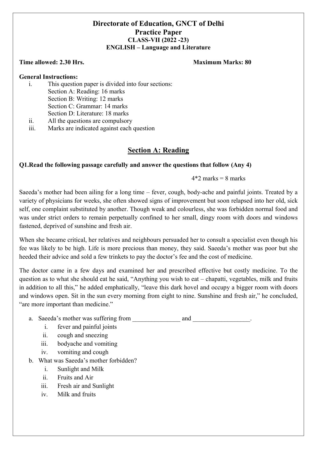 Edudel Class 7 English Sample Question Paper - Page 1