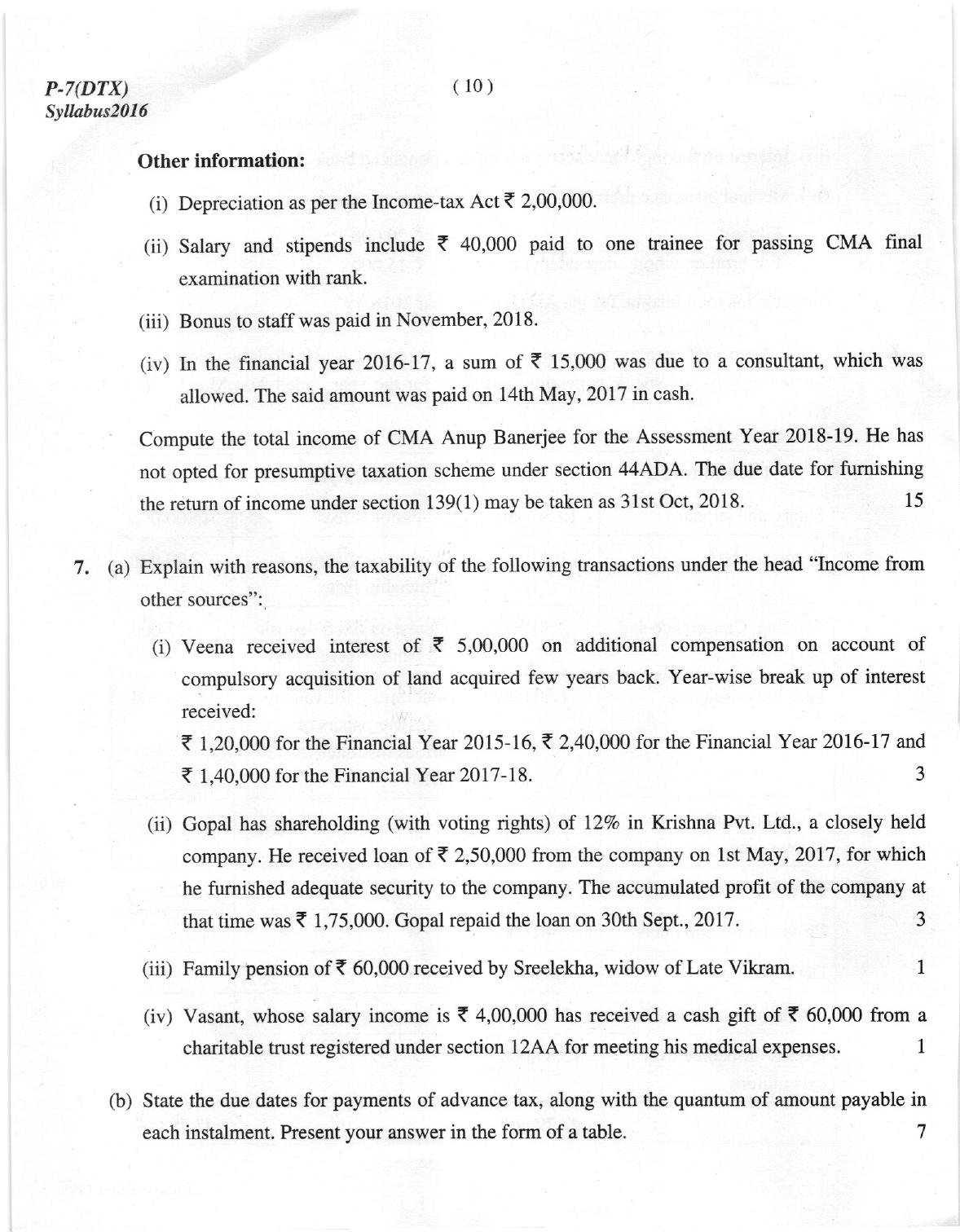 ICMAI Dec 2018 Direct Taxation Question Paper - Page 10