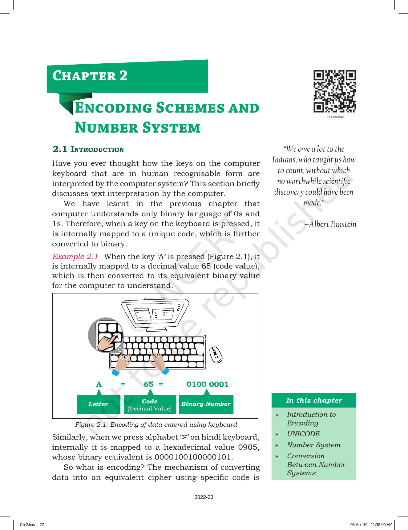 NCERT Book for Class 11 Computer Science Chapter 2 Encoding Schemes and Number System - Page 1