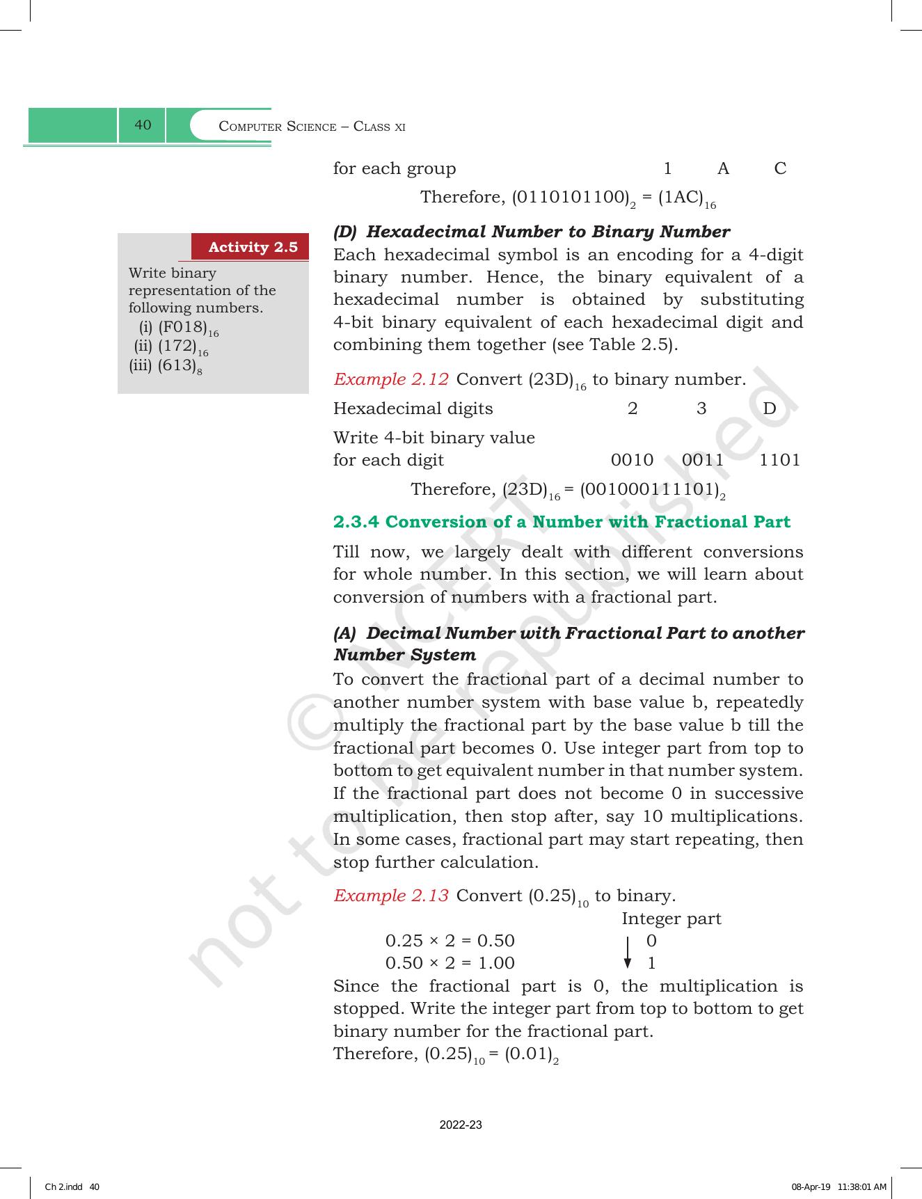 NCERT Book for Class 11 Computer Science Chapter 2 Encoding Schemes and Number System - Page 14