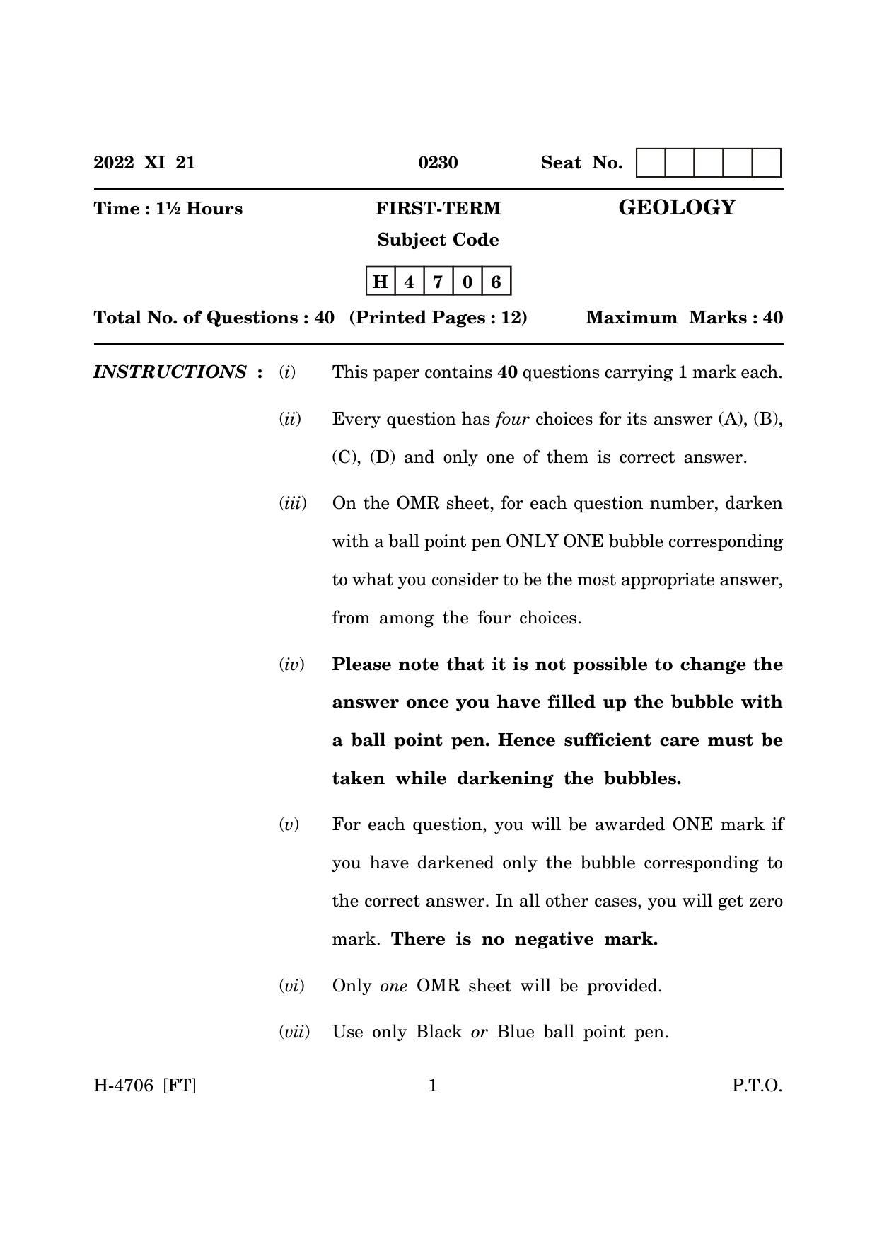 Goa Board Class 12 Geology (November 2022) Question Paper - Page 1