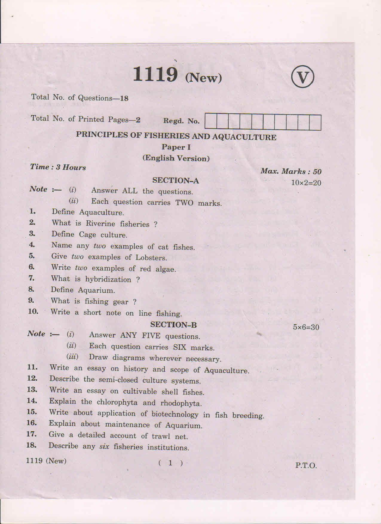 AP Inter 1st Year Principals of Fisheries and Aquaculture-I (New) March-2019-Vocational Question Paper - Page 1