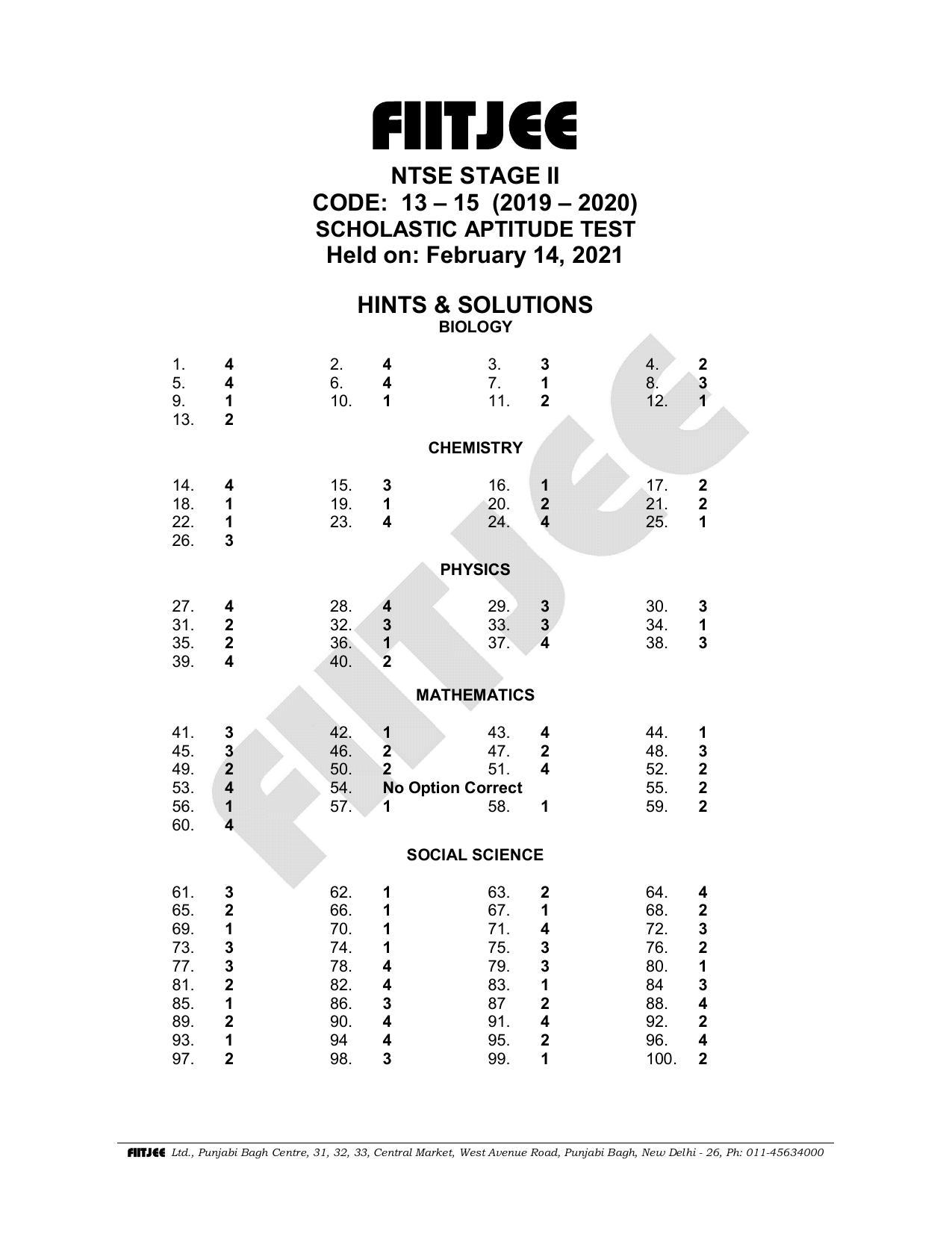 NTSE 2020 (Stage II) SAT Answer Key (Held on: February 14, 2021) - Page 1