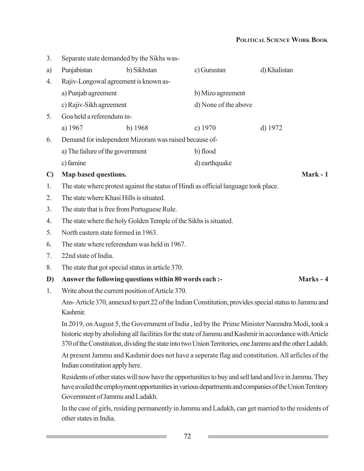 Tripura Board Class 12 Political Science English Workbooks - Page 72