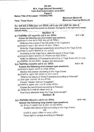 Bilaspur University Question Paper June 2022:M.A. YOGA (Second Semester) Yogasutra Paper 1
