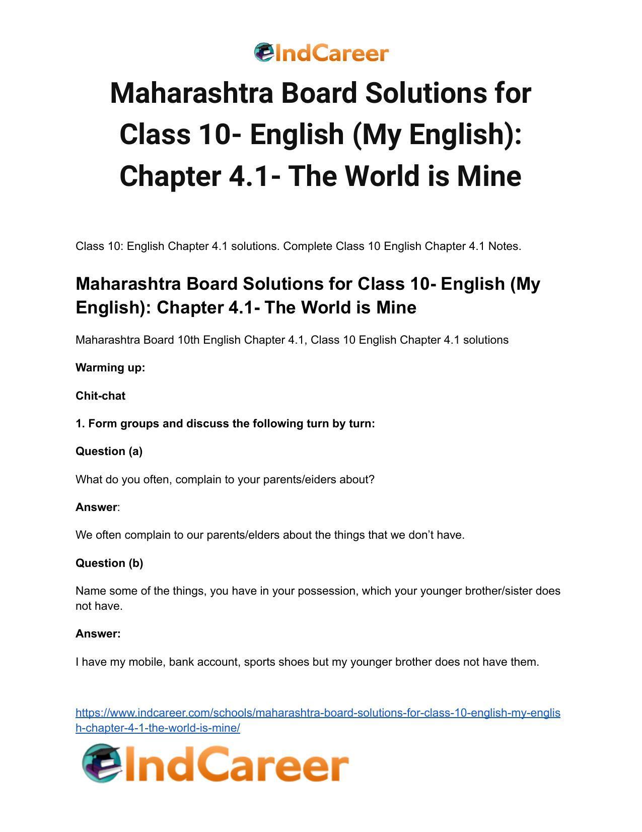 Maharashtra Board Solutions for Class 10- English (My English): Chapter 4.1- The World is Mine - Page 2