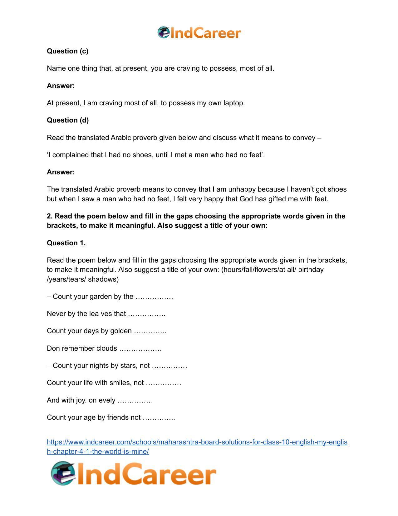 Maharashtra Board Solutions for Class 10- English (My English): Chapter 4.1- The World is Mine - Page 3