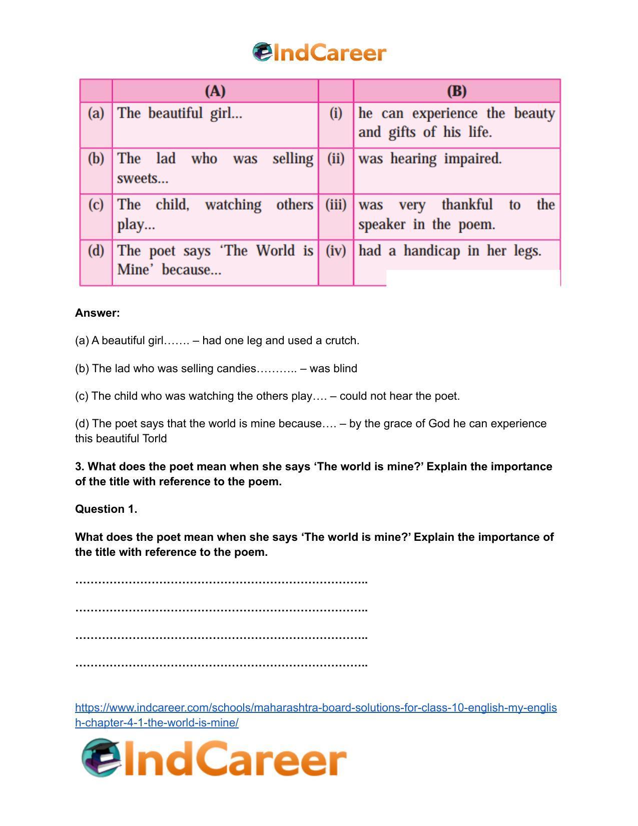 Maharashtra Board Solutions for Class 10- English (My English): Chapter 4.1- The World is Mine - Page 7
