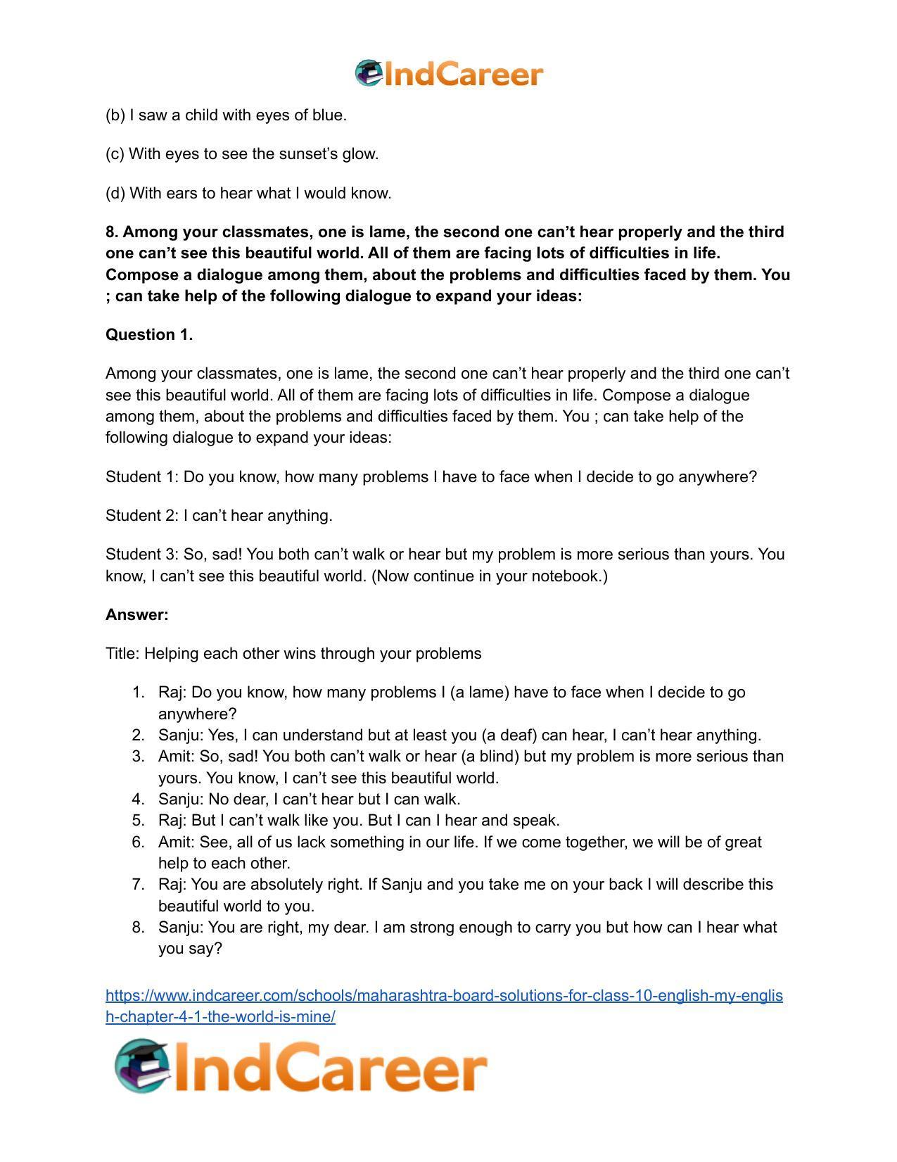 Maharashtra Board Solutions for Class 10- English (My English): Chapter 4.1- The World is Mine - Page 11