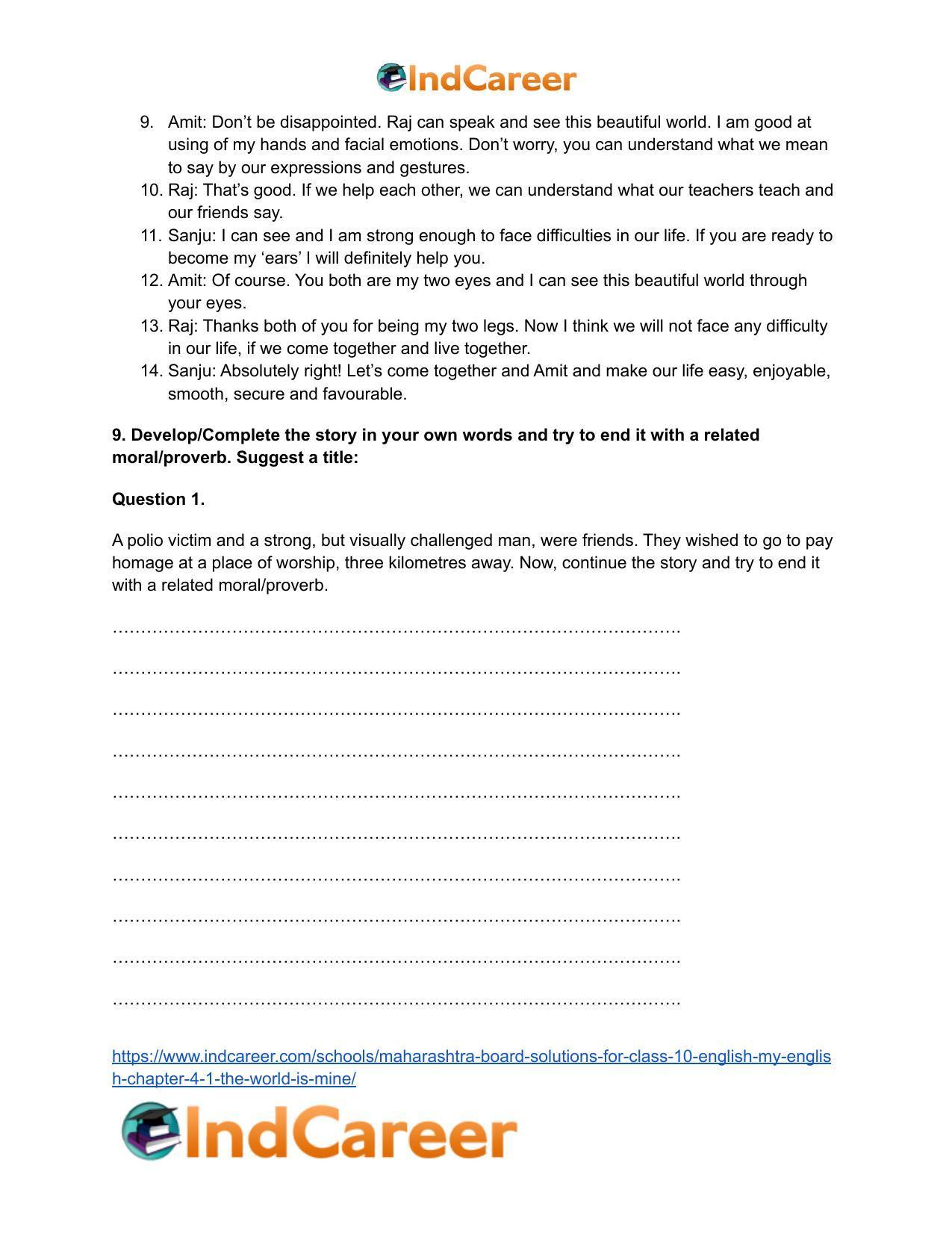 Maharashtra Board Solutions for Class 10- English (My English): Chapter 4.1- The World is Mine - Page 12