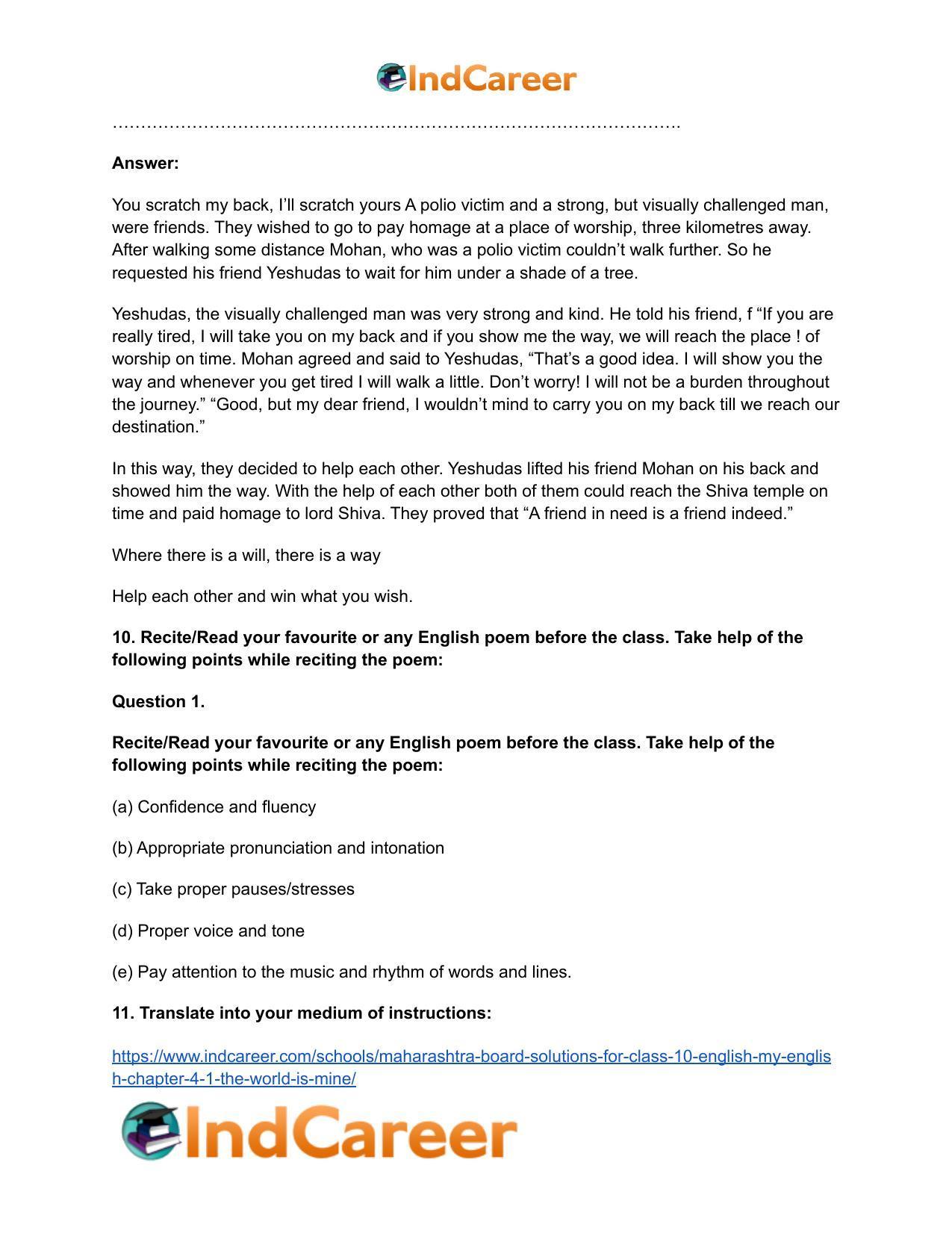 Maharashtra Board Solutions for Class 10- English (My English): Chapter 4.1- The World is Mine - Page 13