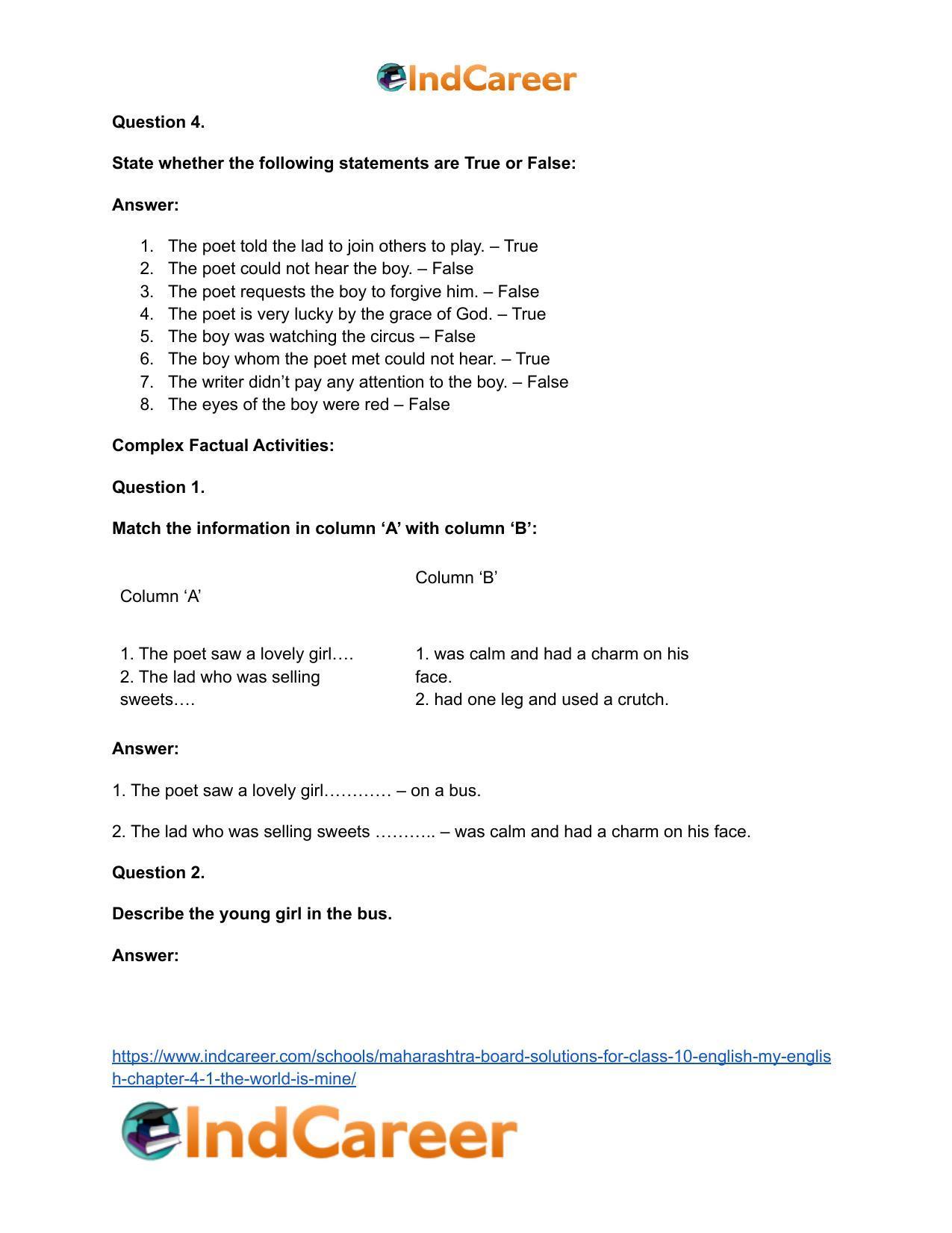Maharashtra Board Solutions for Class 10- English (My English): Chapter 4.1- The World is Mine - Page 17