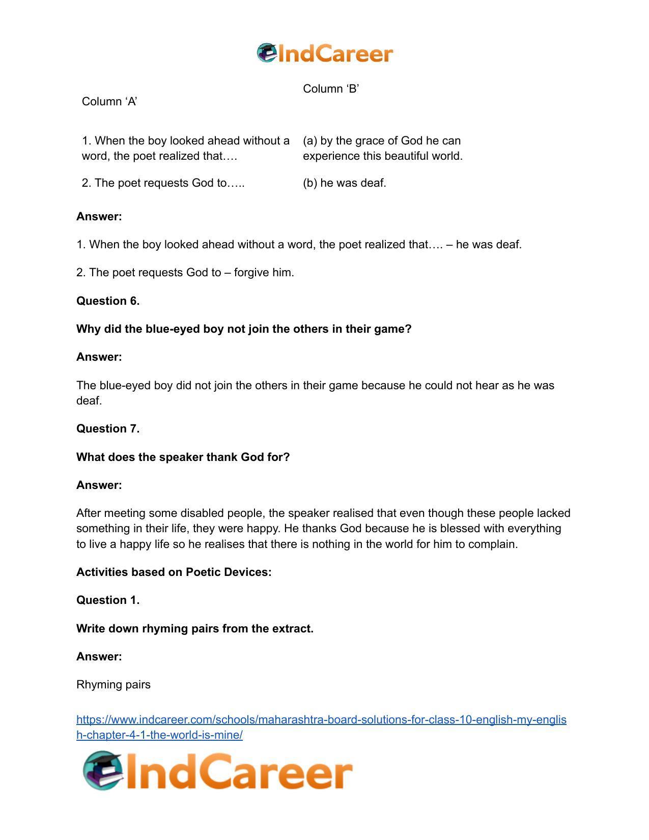 Maharashtra Board Solutions for Class 10- English (My English): Chapter 4.1- The World is Mine - Page 19
