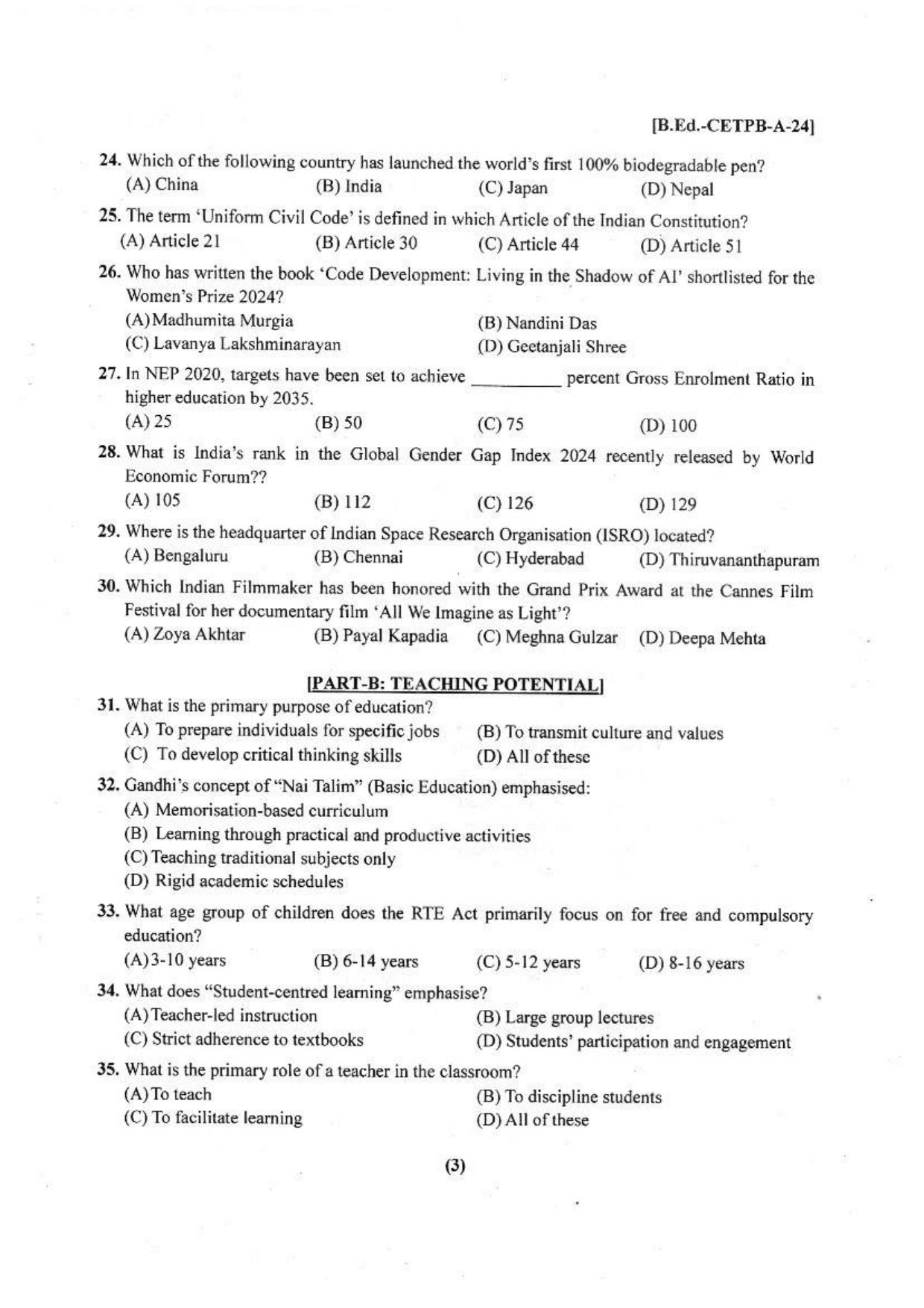 Punjab B.Ed 2024 Question Paper - Page 4