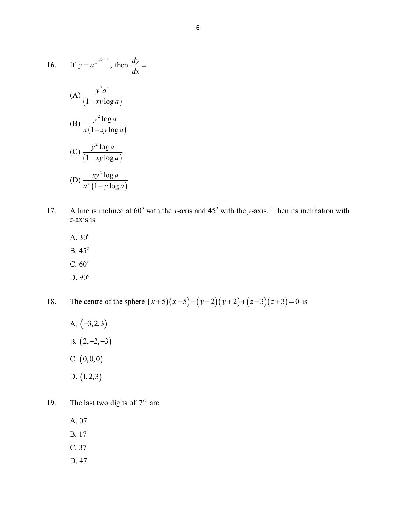 CUSAT CAT 2016 Mathematics, Physics, Chemistry 1 Question Paper - Page 6