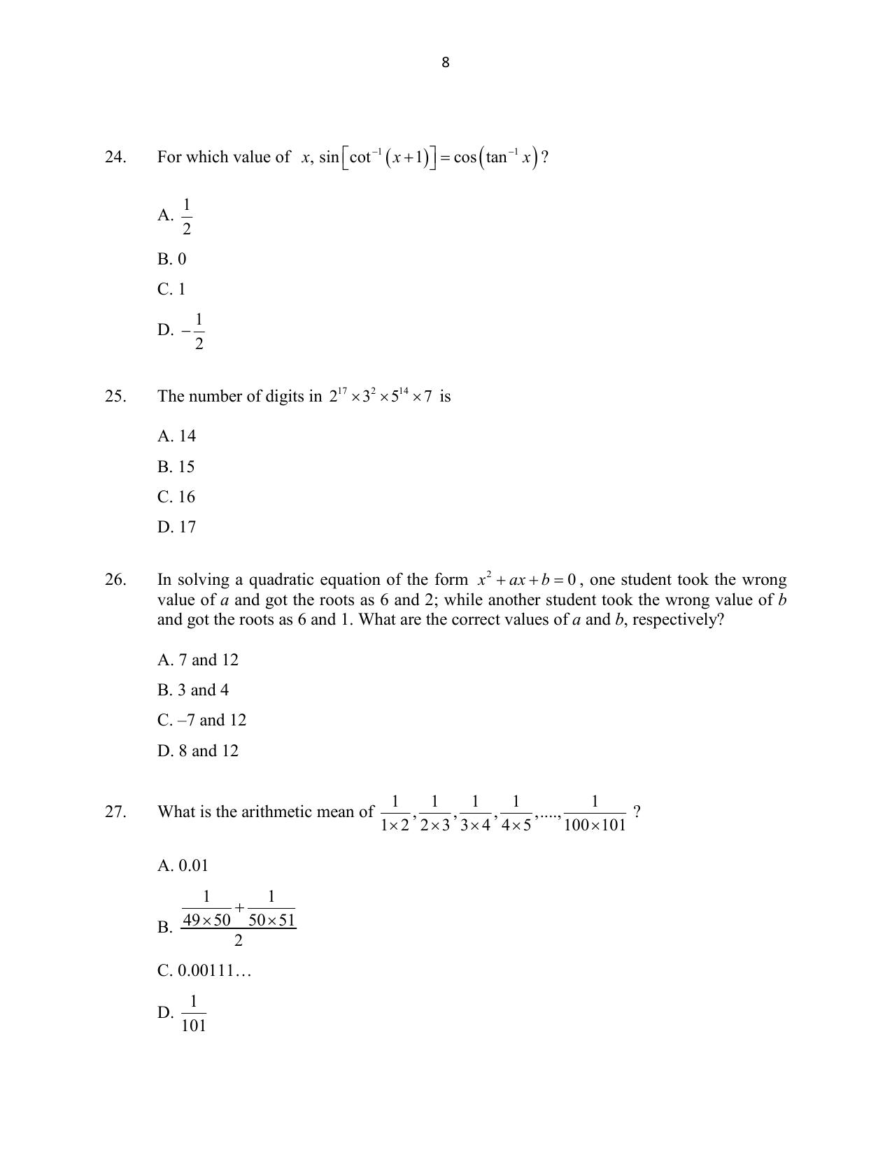 CUSAT CAT 2016 Mathematics, Physics, Chemistry 1 Question Paper - Page 8