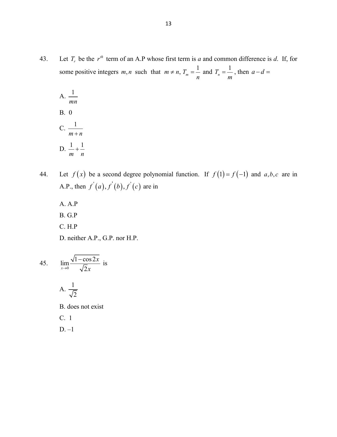 CUSAT CAT 2016 Mathematics, Physics, Chemistry 1 Question Paper - Page 13