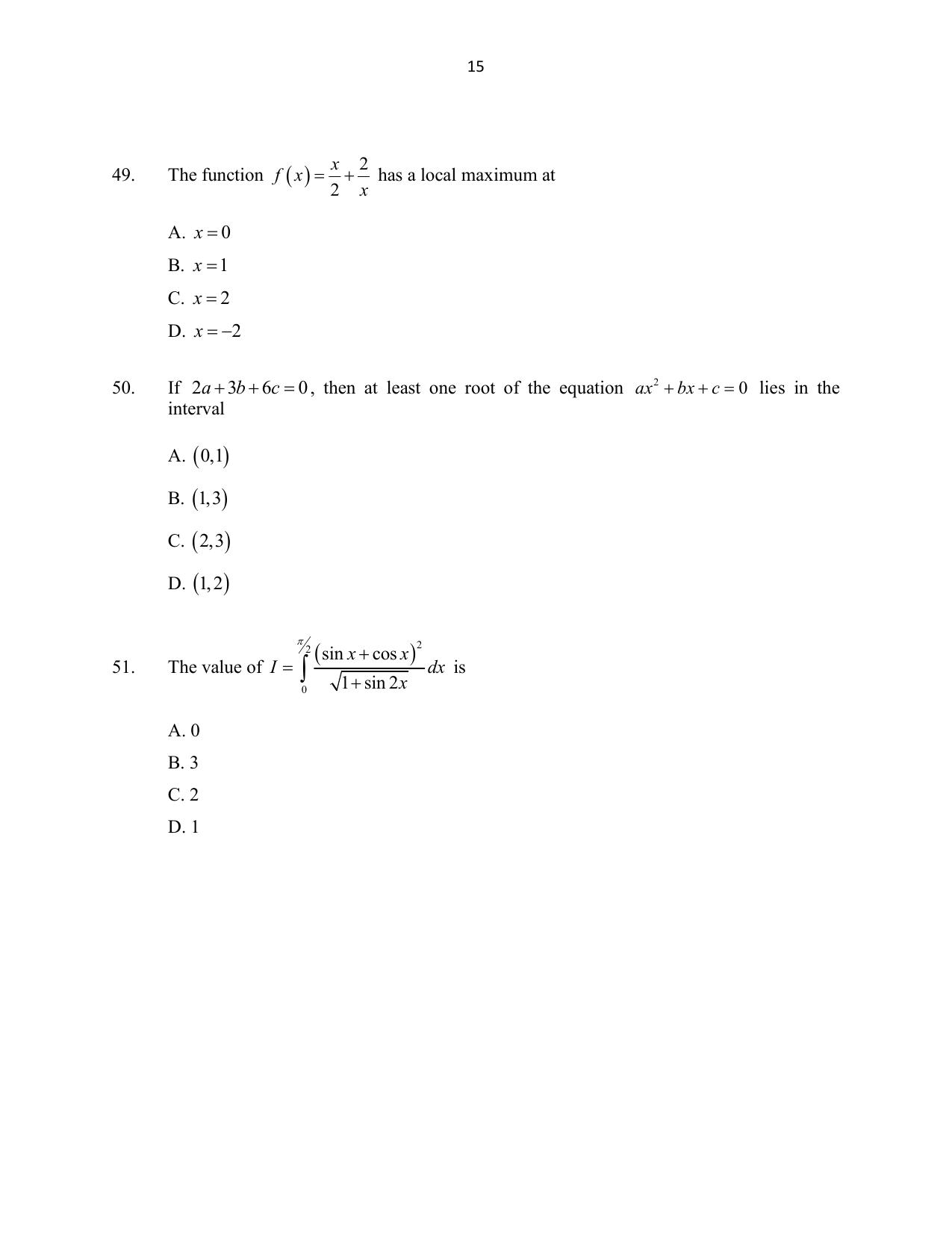 CUSAT CAT 2016 Mathematics, Physics, Chemistry 1 Question Paper - Page 15