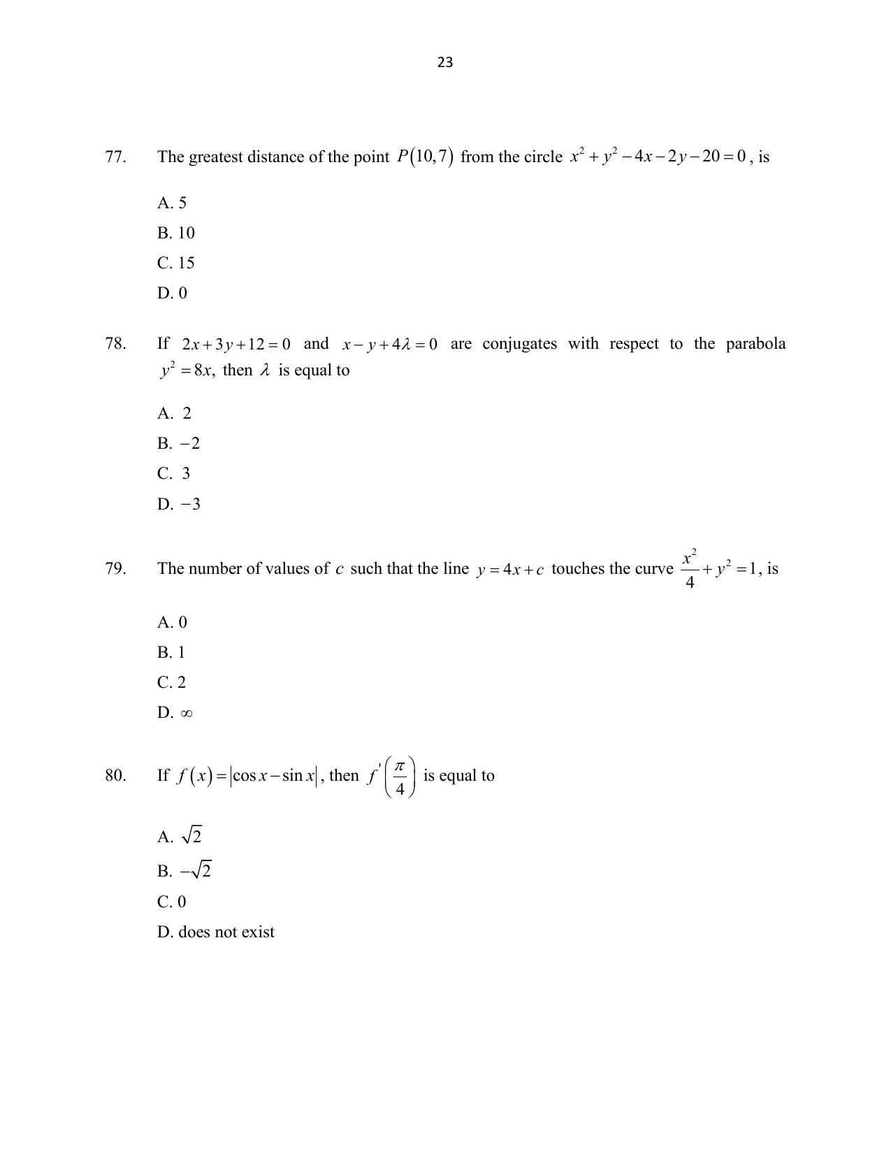 CUSAT CAT 2016 Mathematics, Physics, Chemistry 1 Question Paper - Page 23