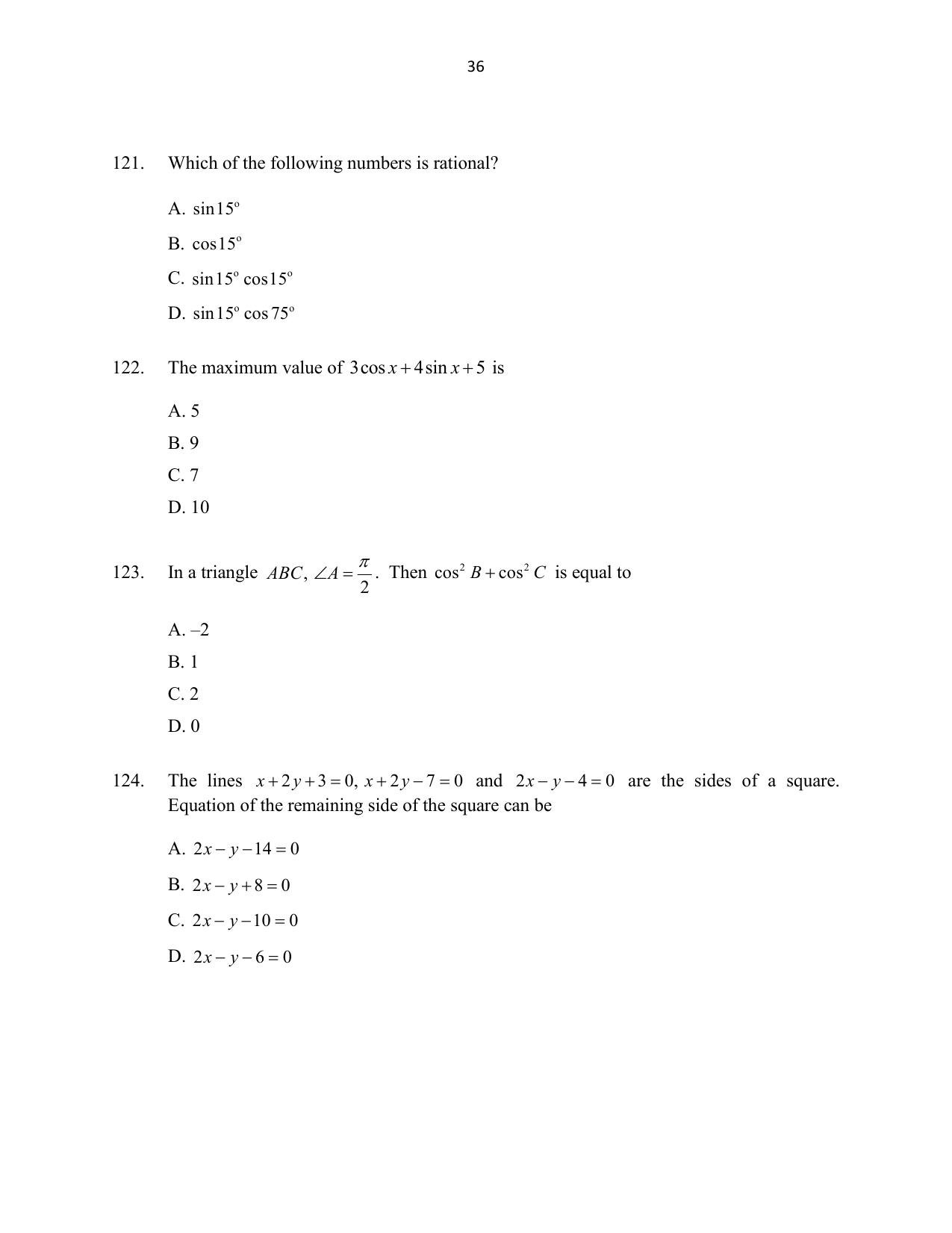 CUSAT CAT 2016 Mathematics, Physics, Chemistry 1 Question Paper - Page 36