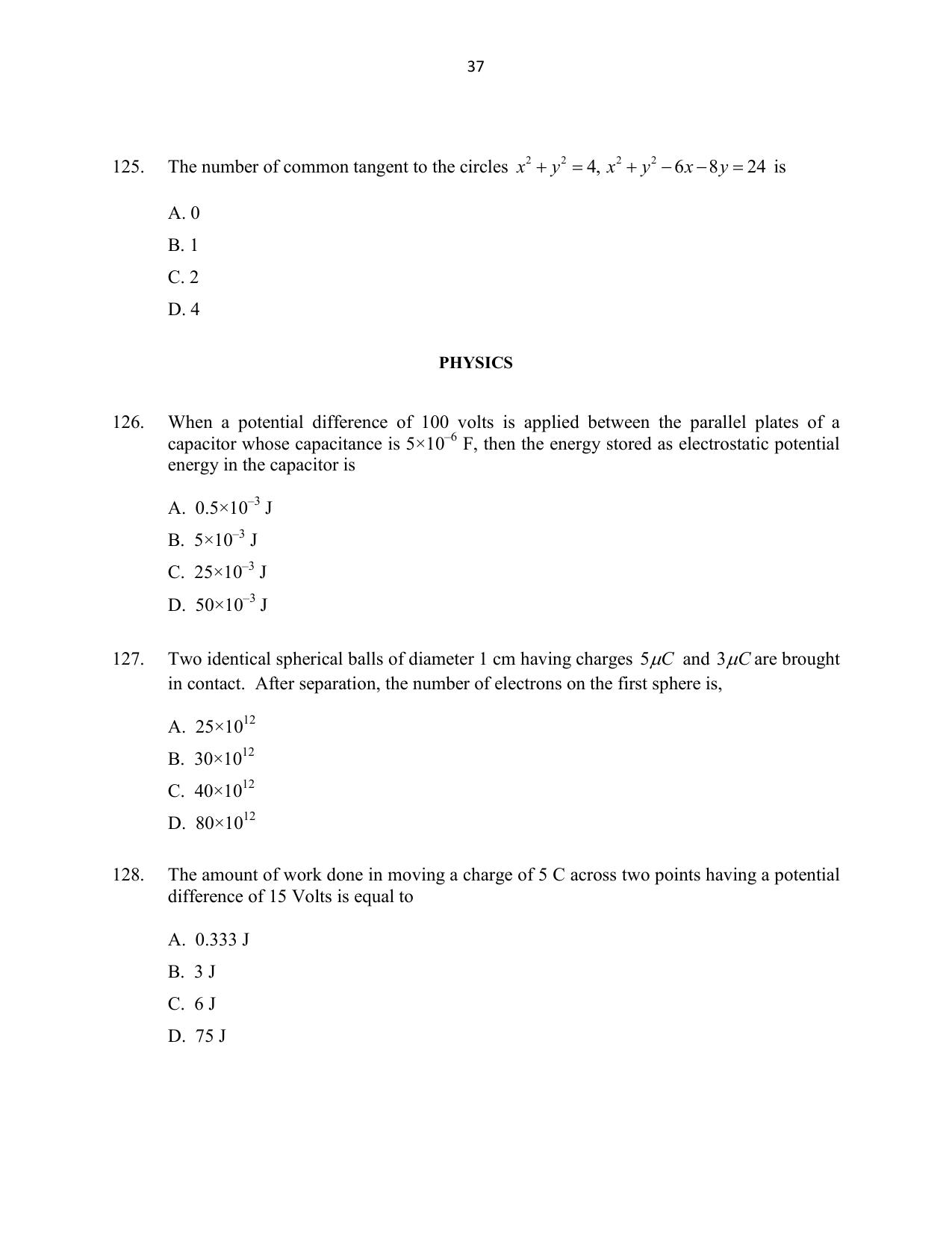 CUSAT CAT 2016 Mathematics, Physics, Chemistry 1 Question Paper - Page 37