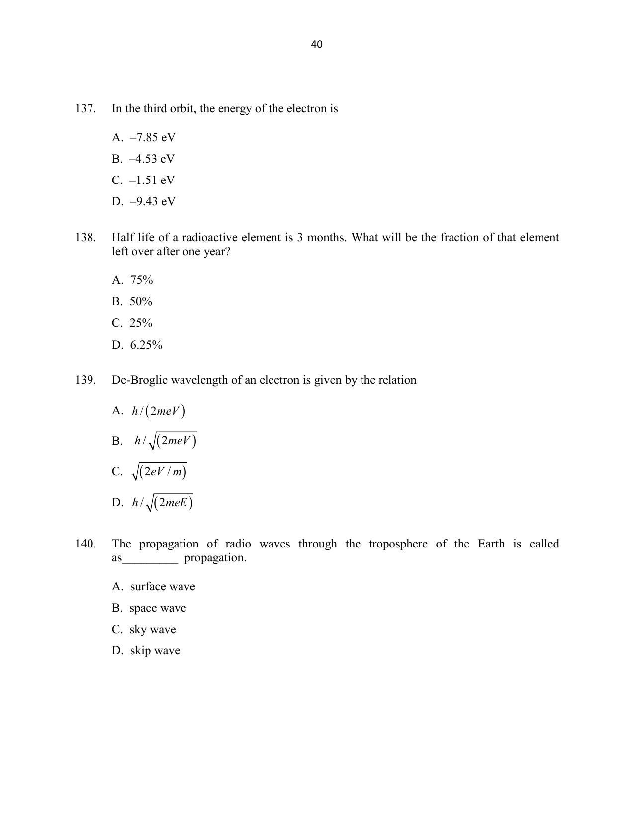 CUSAT CAT 2016 Mathematics, Physics, Chemistry 1 Question Paper - Page 40
