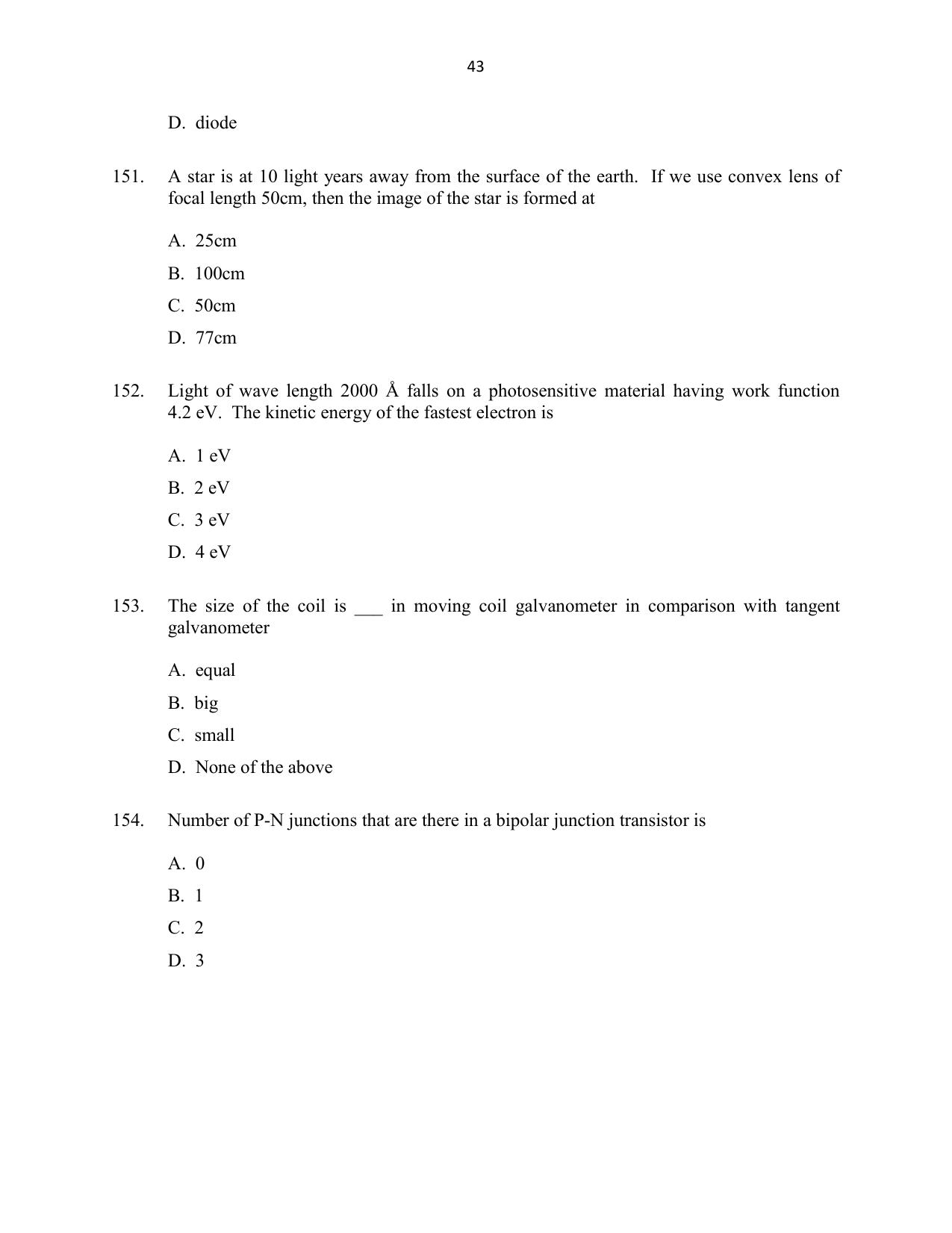 CUSAT CAT 2016 Mathematics, Physics, Chemistry 1 Question Paper - Page 43
