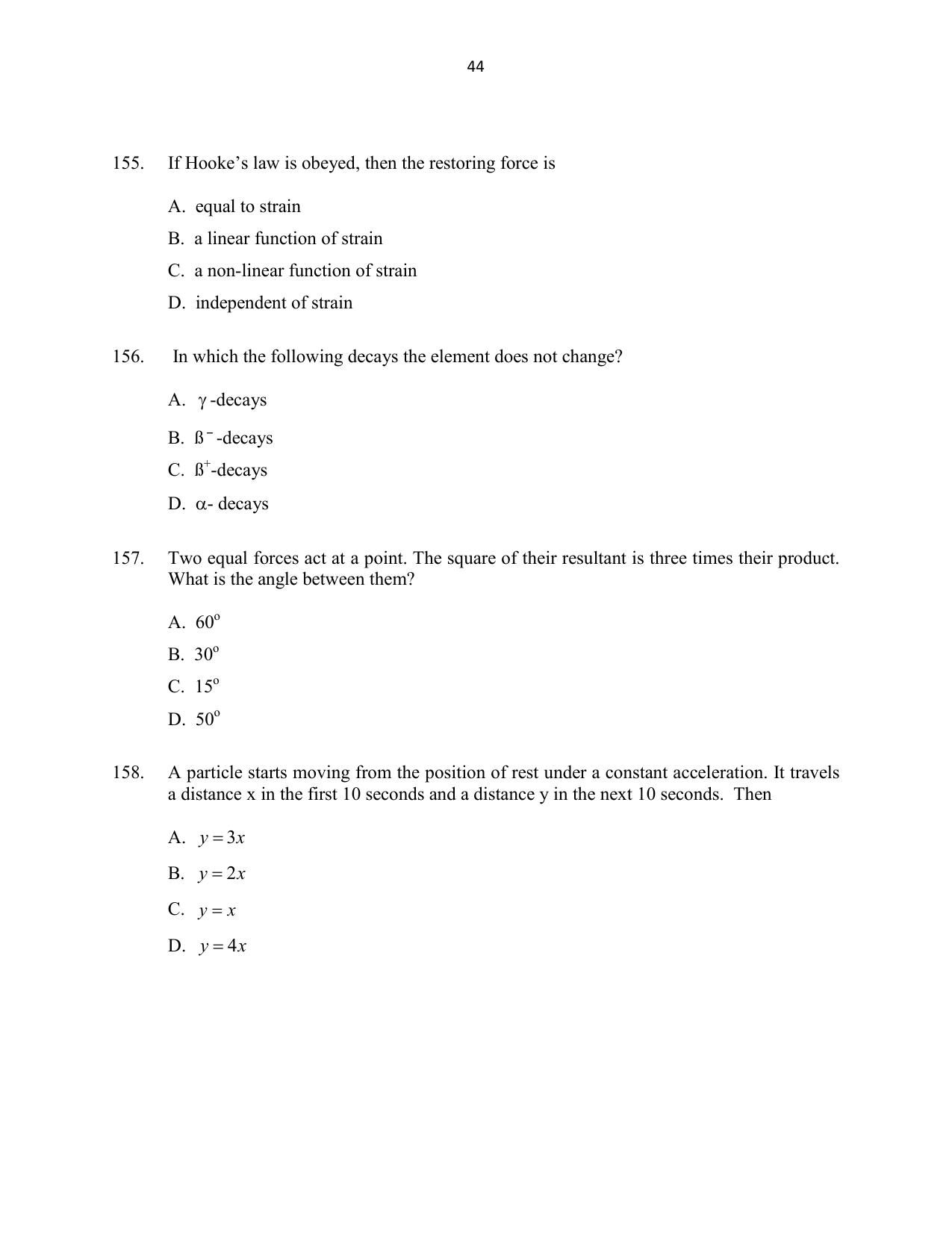 CUSAT CAT 2016 Mathematics, Physics, Chemistry 1 Question Paper - Page 44