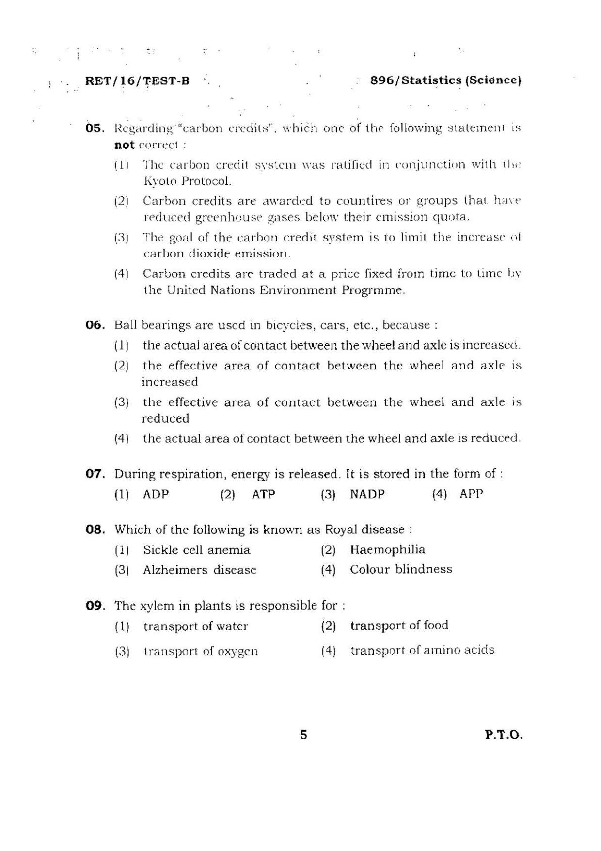 BHU RET Statistics (Science) 2016 Question Paper - Page 5