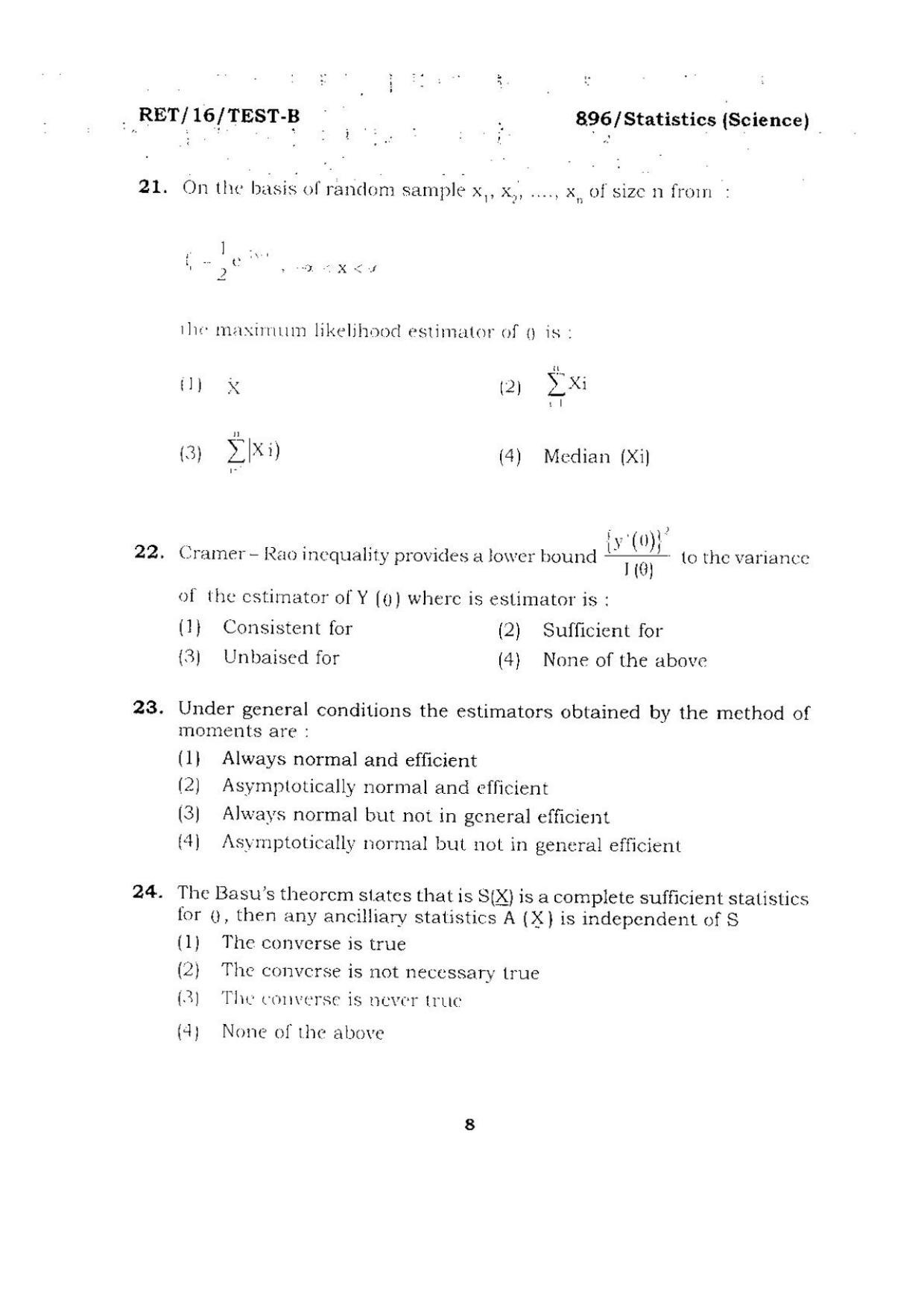 BHU RET Statistics (Science) 2016 Question Paper - Page 8