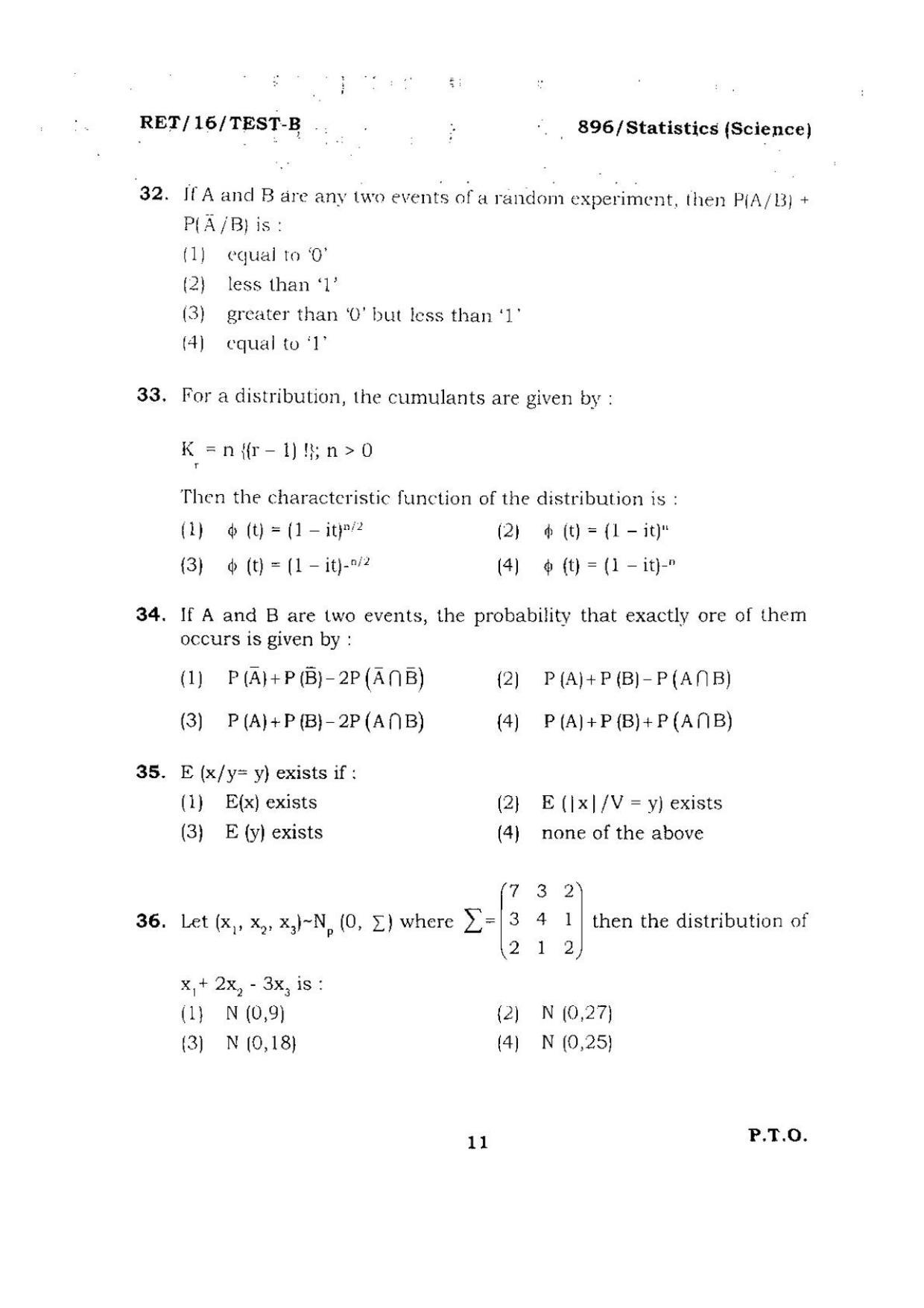 BHU RET Statistics (Science) 2016 Question Paper - Page 11