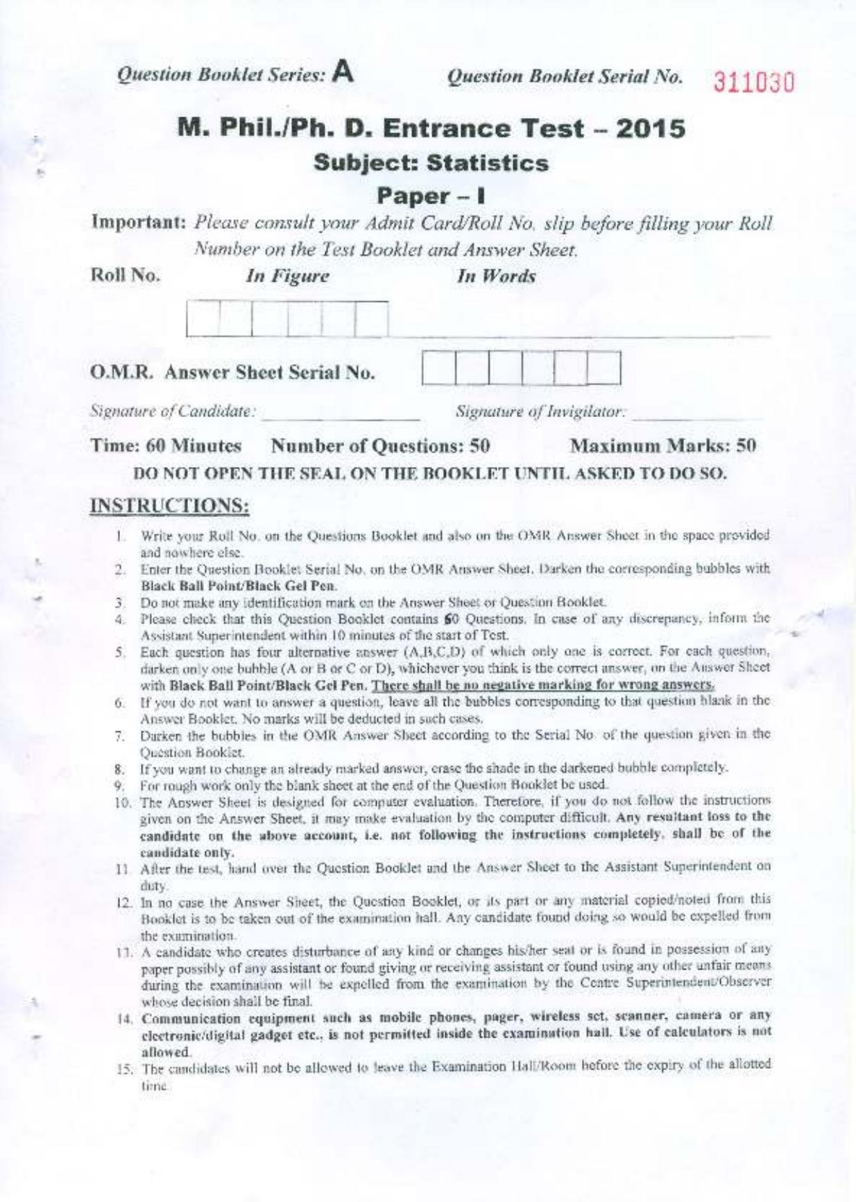 PU MPET Statistics 2015 Question Paper - Page 1