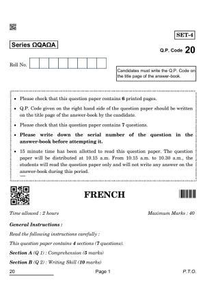 CBSE Class 10 20_French 2022 Question Paper