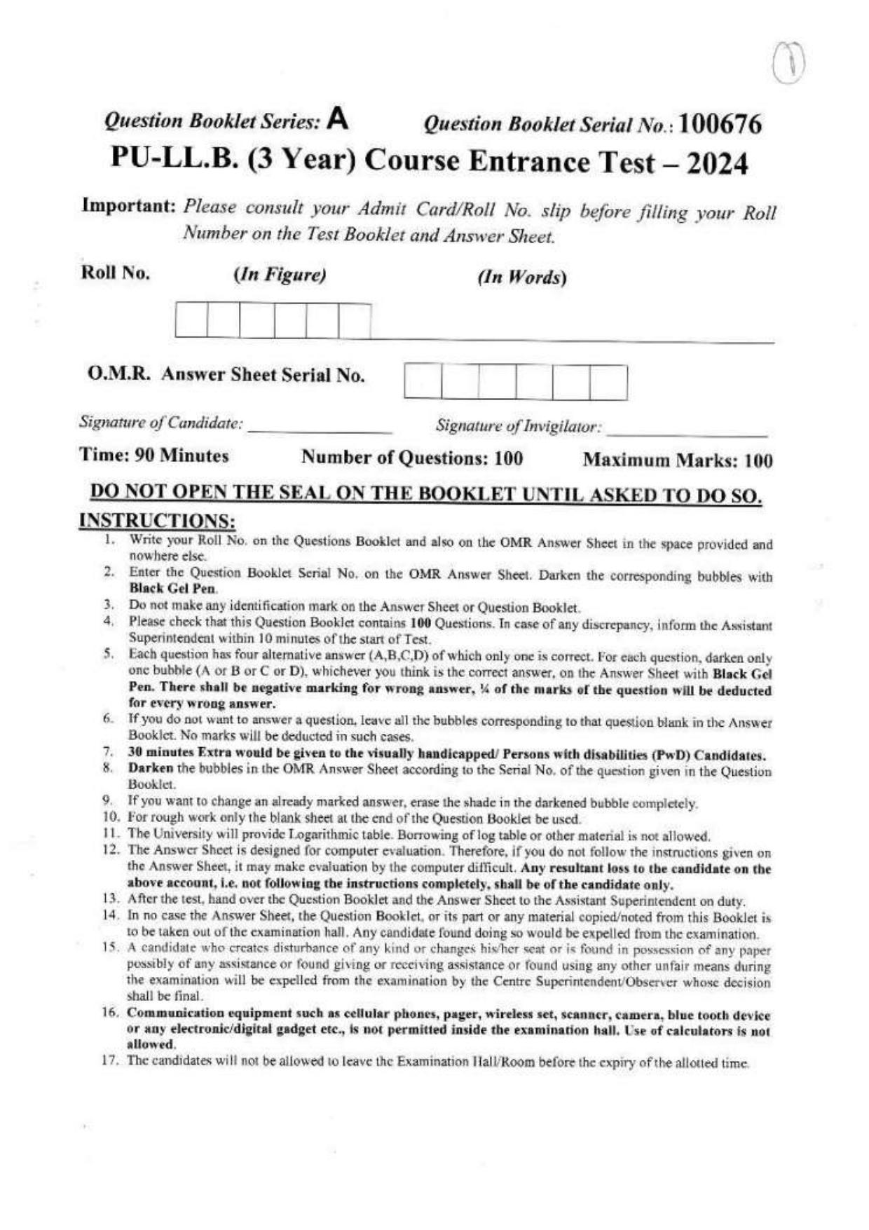 PU LLB 2024 Question Paper - Page 1