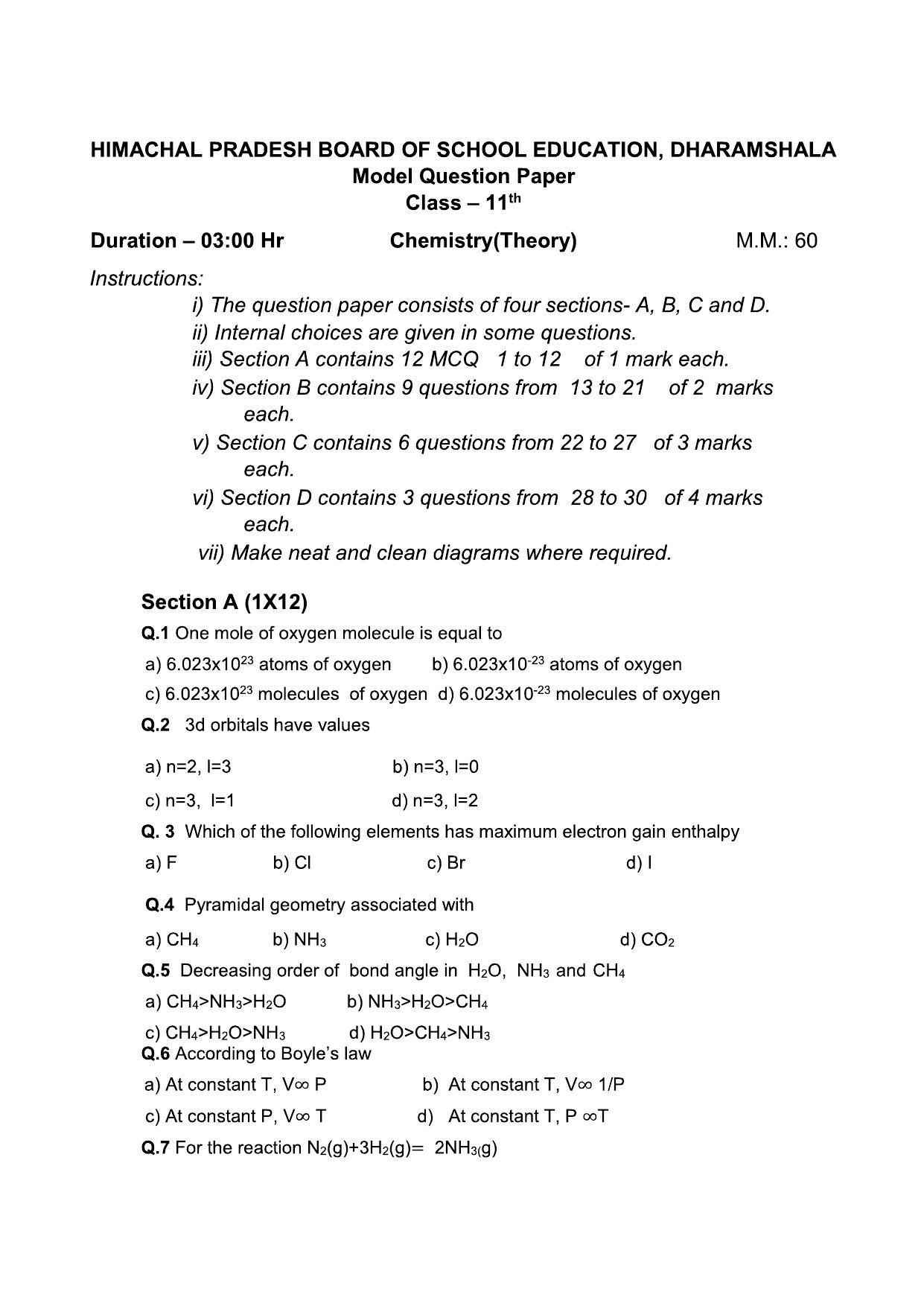 HP Board Class 11 Chemistry Model Paper - Page 1