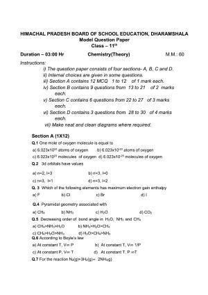 HP Board Class 11 Chemistry Model Paper