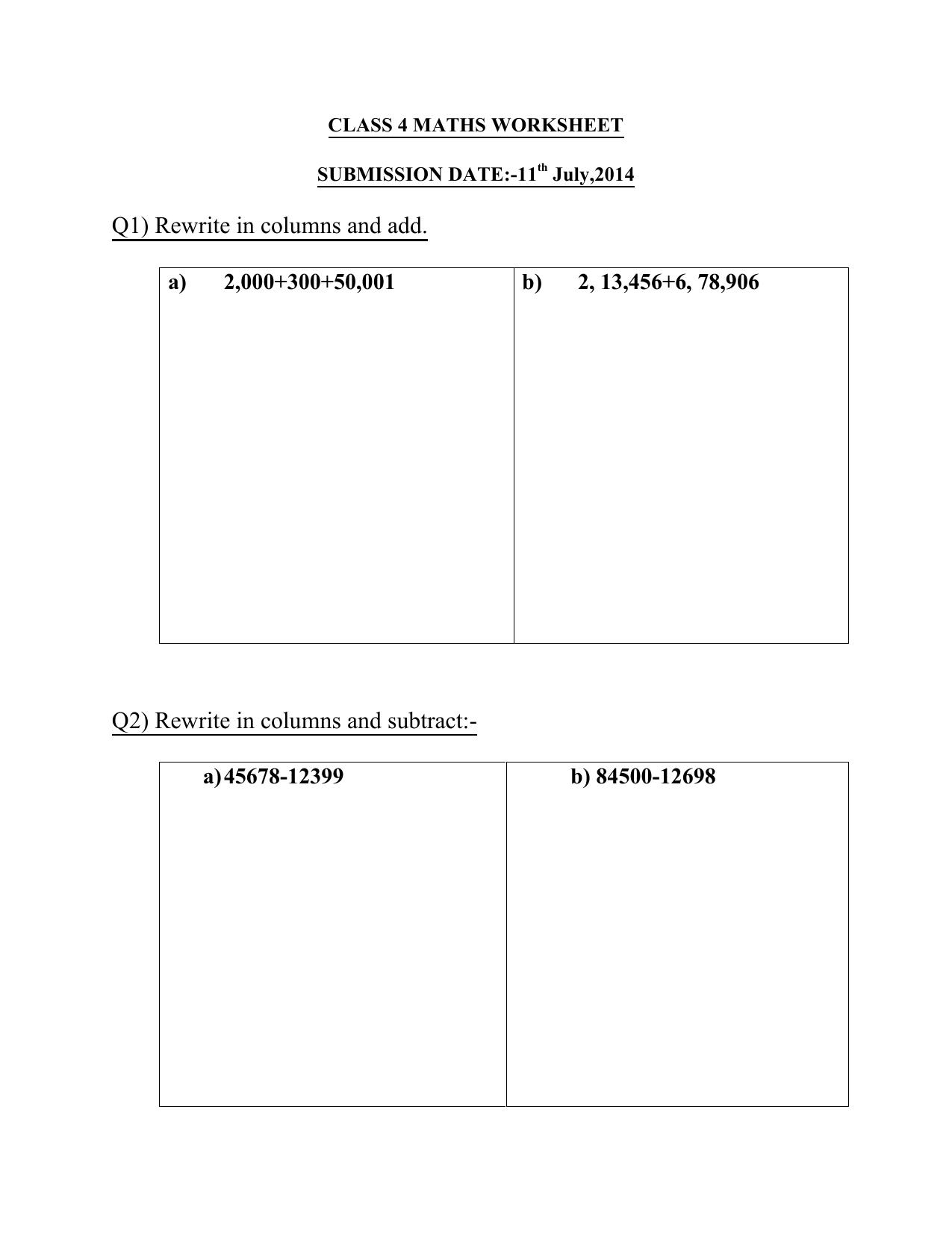 Worksheet for Class 4 Maths Assignment 48 Addition - Page 1