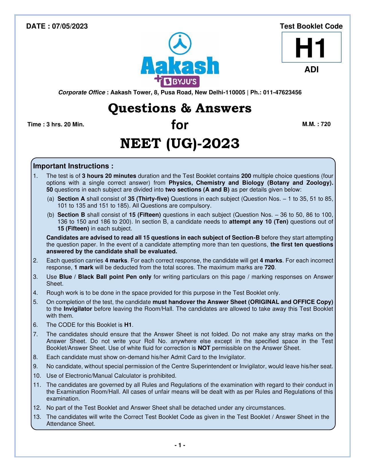 NEET 2023 Question Paper H1 - Page 1