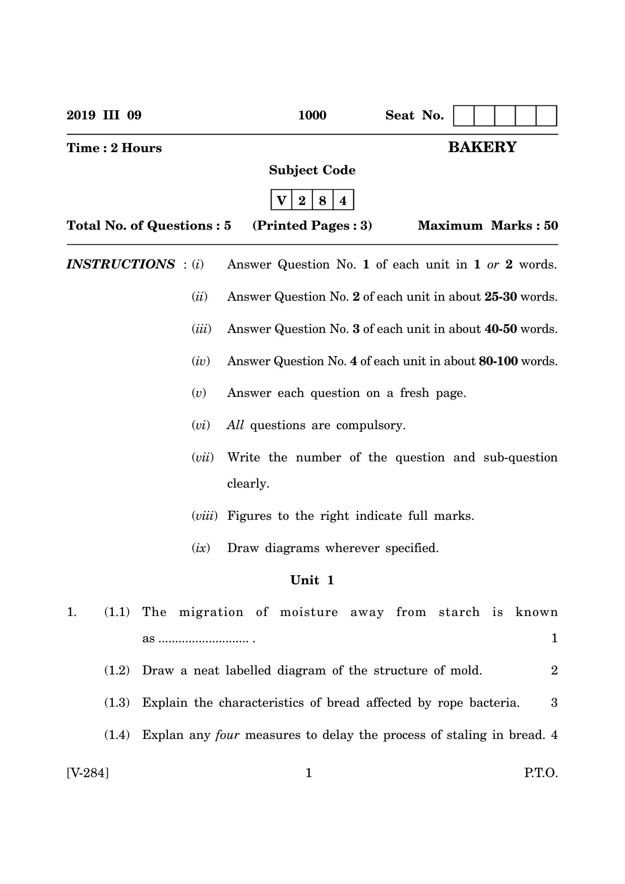Goa Board Class 12 Bakery (March 2019) Question Paper - Page 1