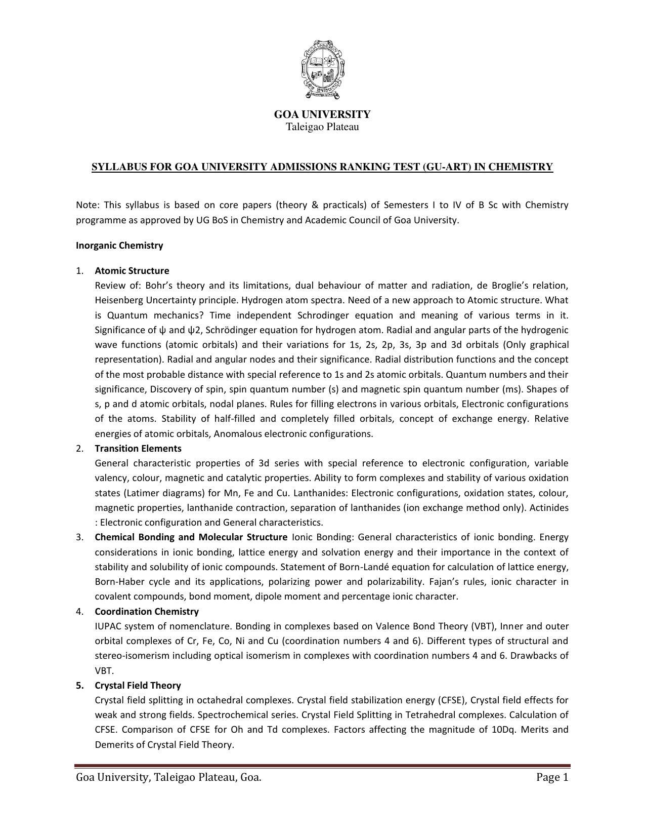 GU ART Chemistry Syllabus - Page 1