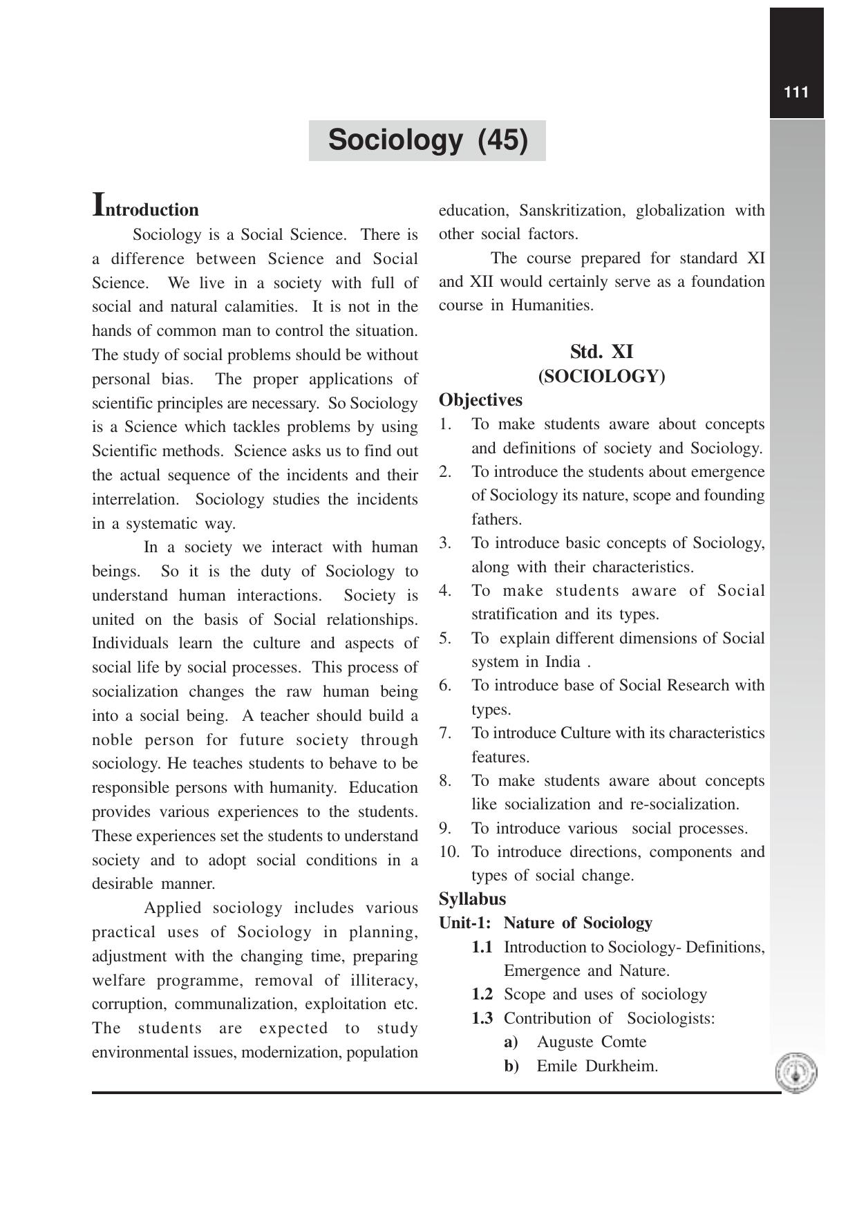 Maharashtra HSC Sociology Syllabus  - Page 1