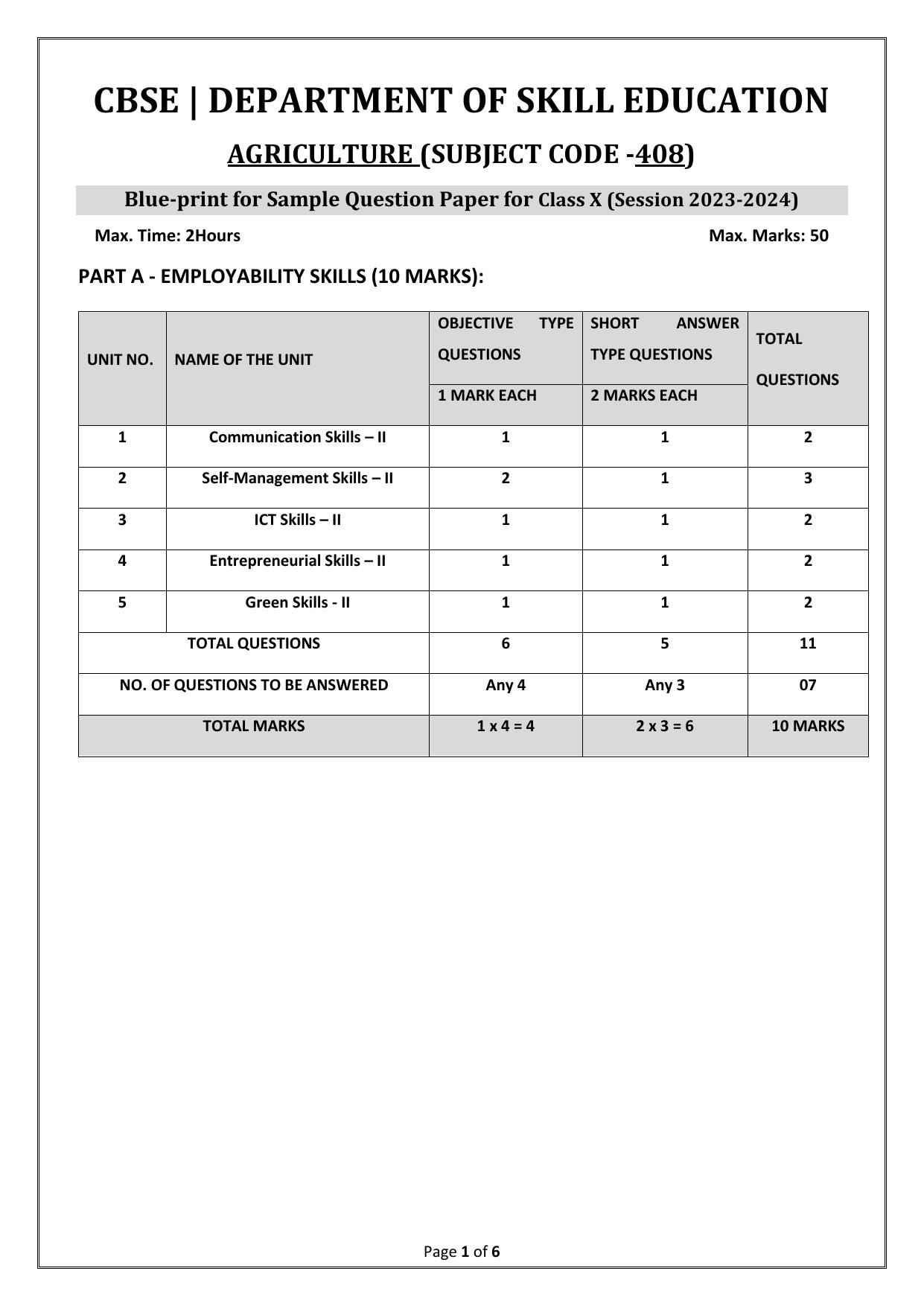 CBSE Class 10 (Skill Education) Agriculture 2024 Sample Paper - Page 1