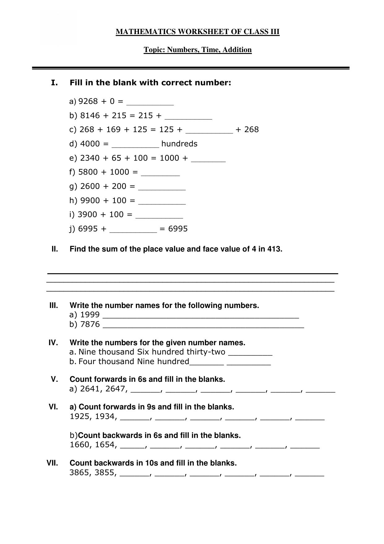 Worksheet for Class 3 Mathematics Numbers Time Addition Assignment - Page 1