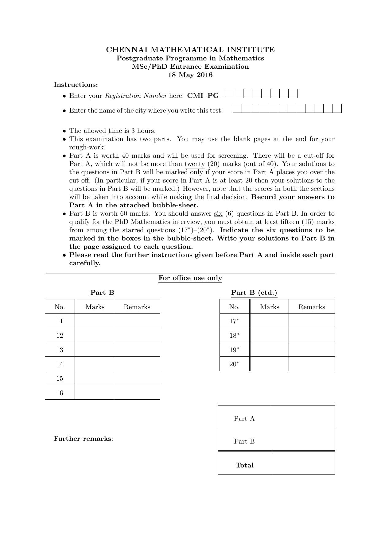 CMI Entrance Exam 2016 Question Paper MSc/PhD Mathematics - Page 1