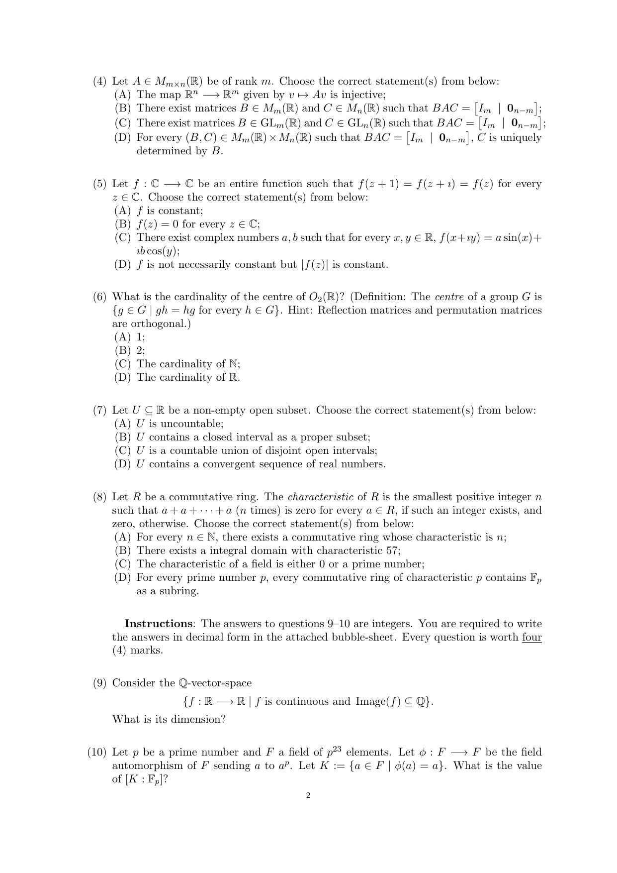 CMI Entrance Exam 2016 Question Paper MSc/PhD Mathematics - Page 6