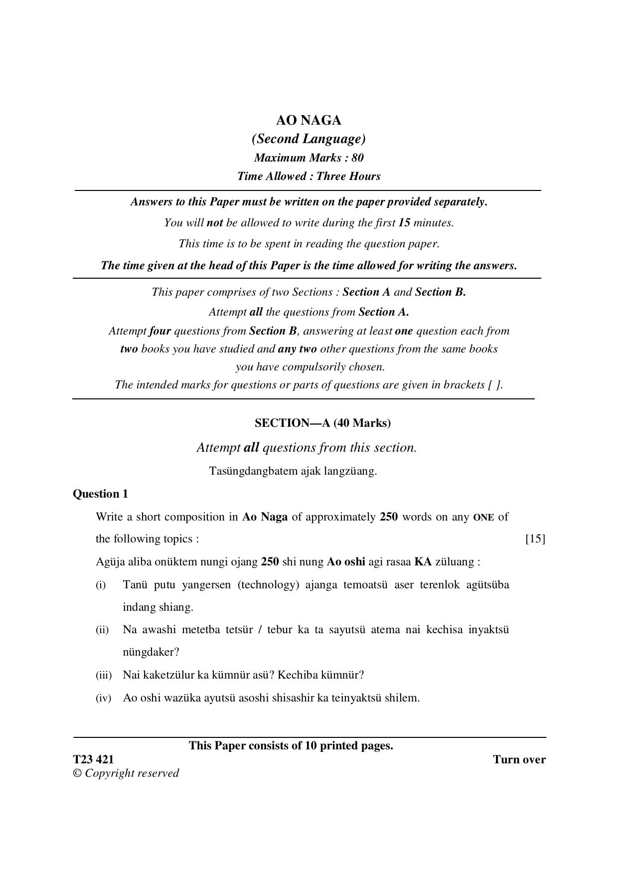 ICSE Class 10 AO NAGA 2023 Question Paper - Page 1